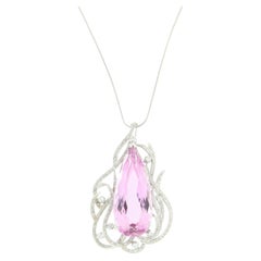 Contemporary Pear-Shape Kunzite & Natural Diamond Pendant Necklace 18K Gold