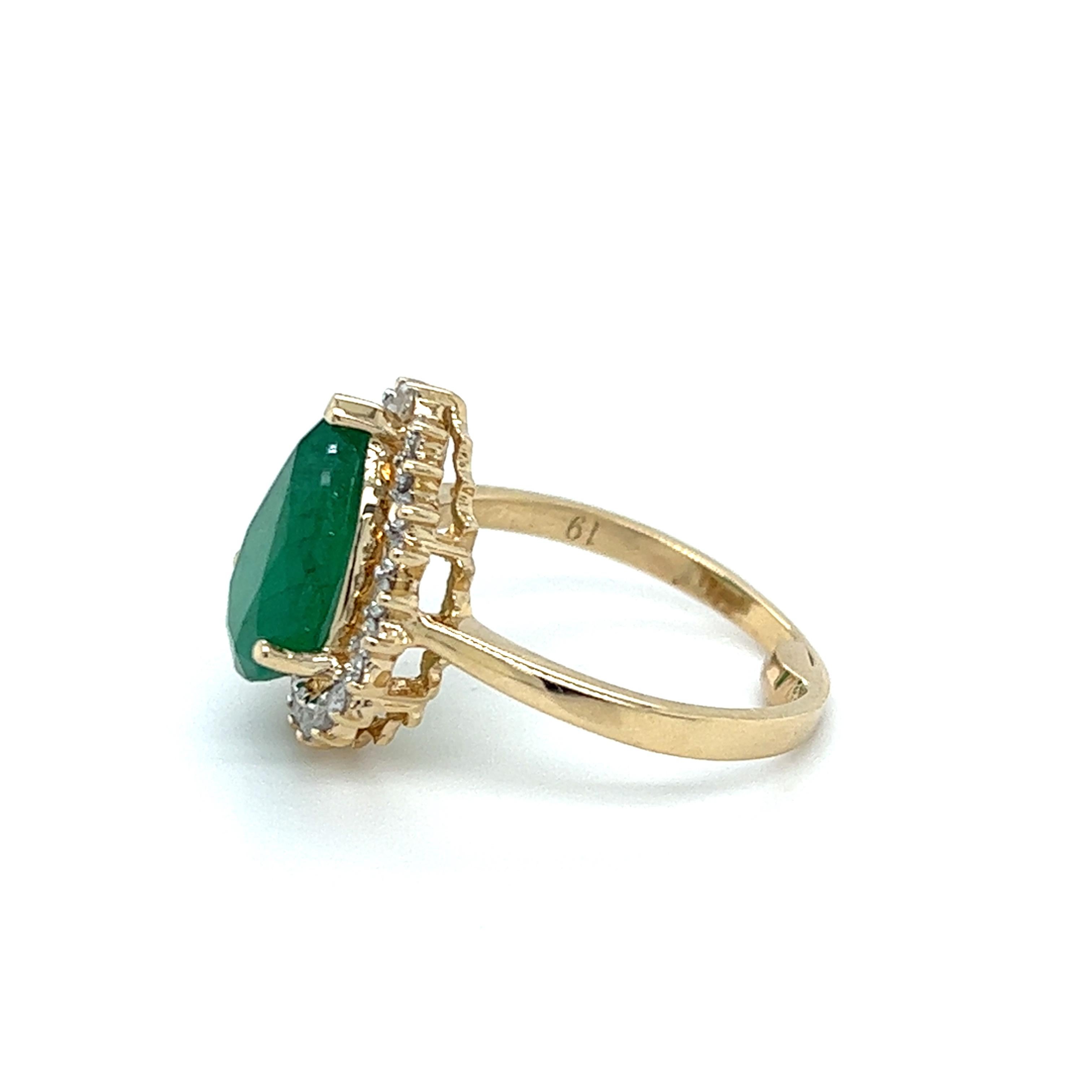 Pear Cut Contemporary Pear Shaped Emerald Diamond Halo Ring in 14K Yellow Gold