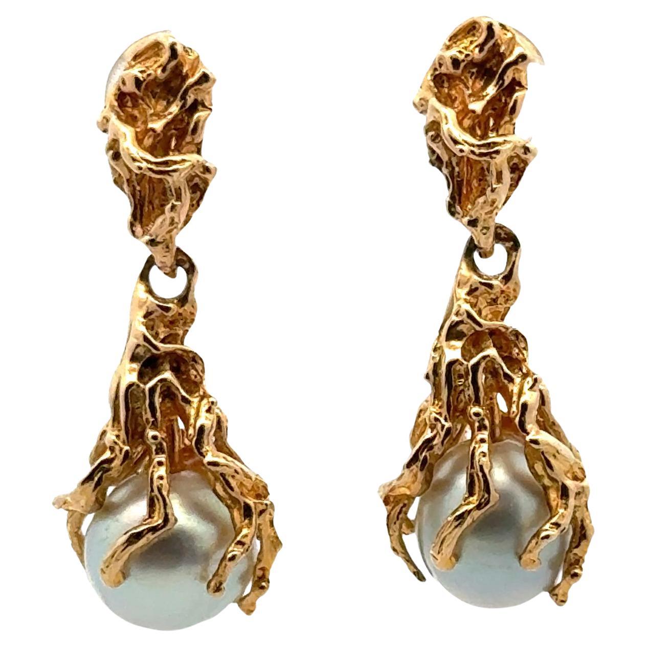 Contemporary Pearl 14 Karat Yellow Gold Drop Vintage Earrings For Sale