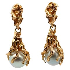 Pendants d'oreilles vintage contemporains en or jaune 14 carats et perles