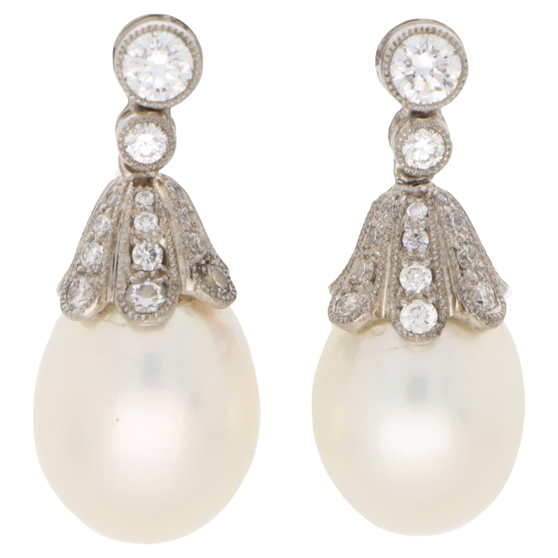  Contemporary Pearl and Diamond Drop Earrings in 18k White Gold For Sale