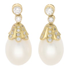 Contemporary Pearl and Diamond Drop Earrings in 18k Yellow Gold