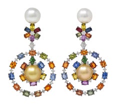 Pendientes Contemporáneos Fiesta Perla Zafiro Diamante Oro Blanco 18K Vintage