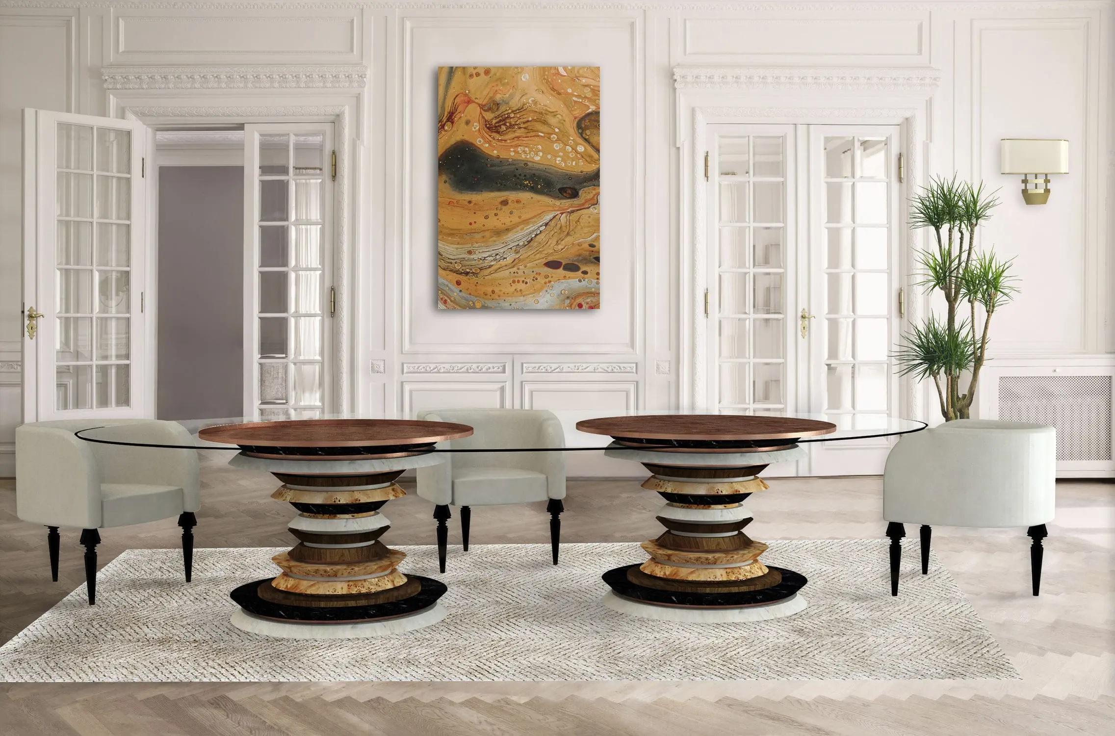 Contemporary Art Deco Style Pedestal Dining Table, Walnut & Marble  For Sale