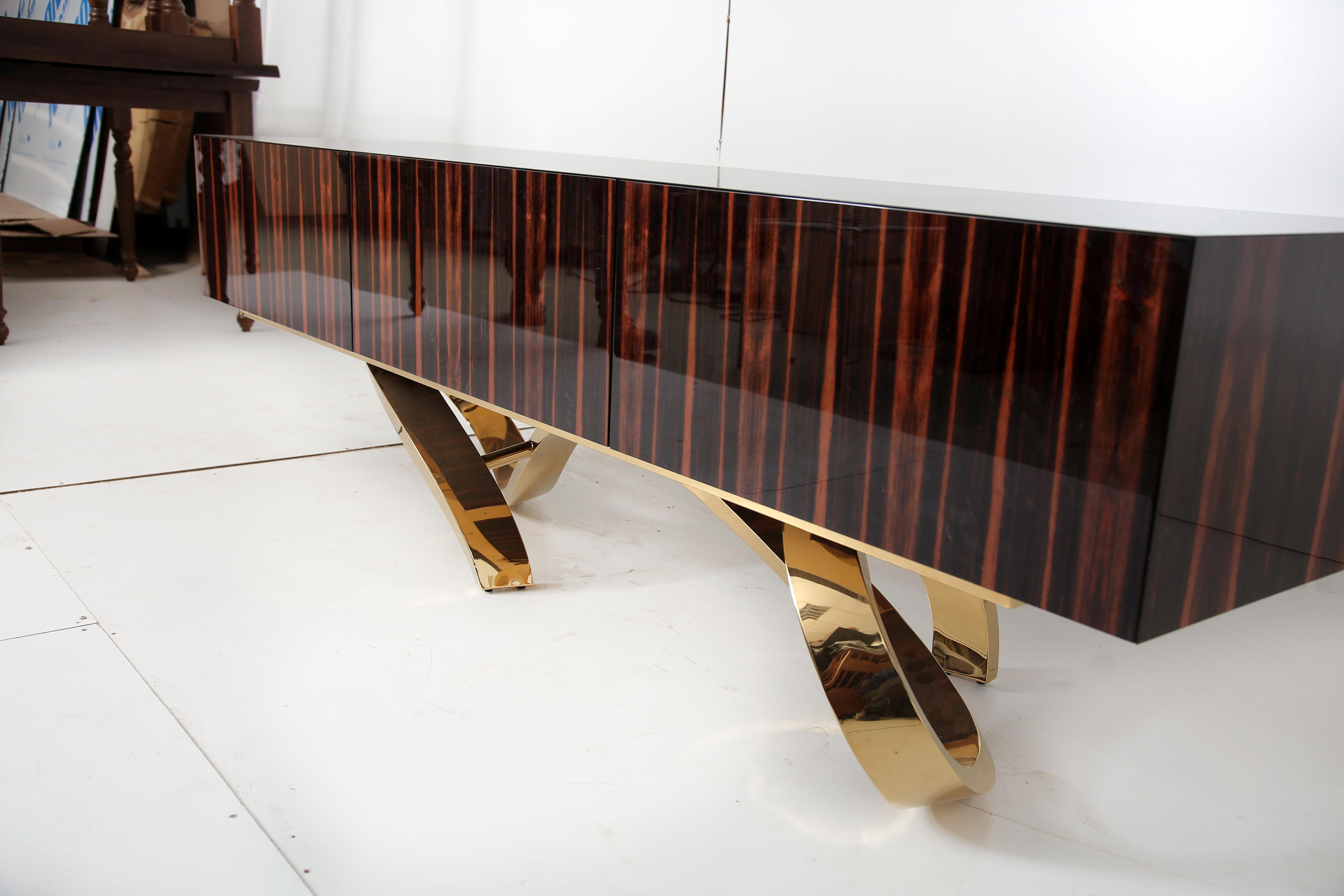 Polished Contemporary Penance Sideboard or Console in Ebony Brass For Sale