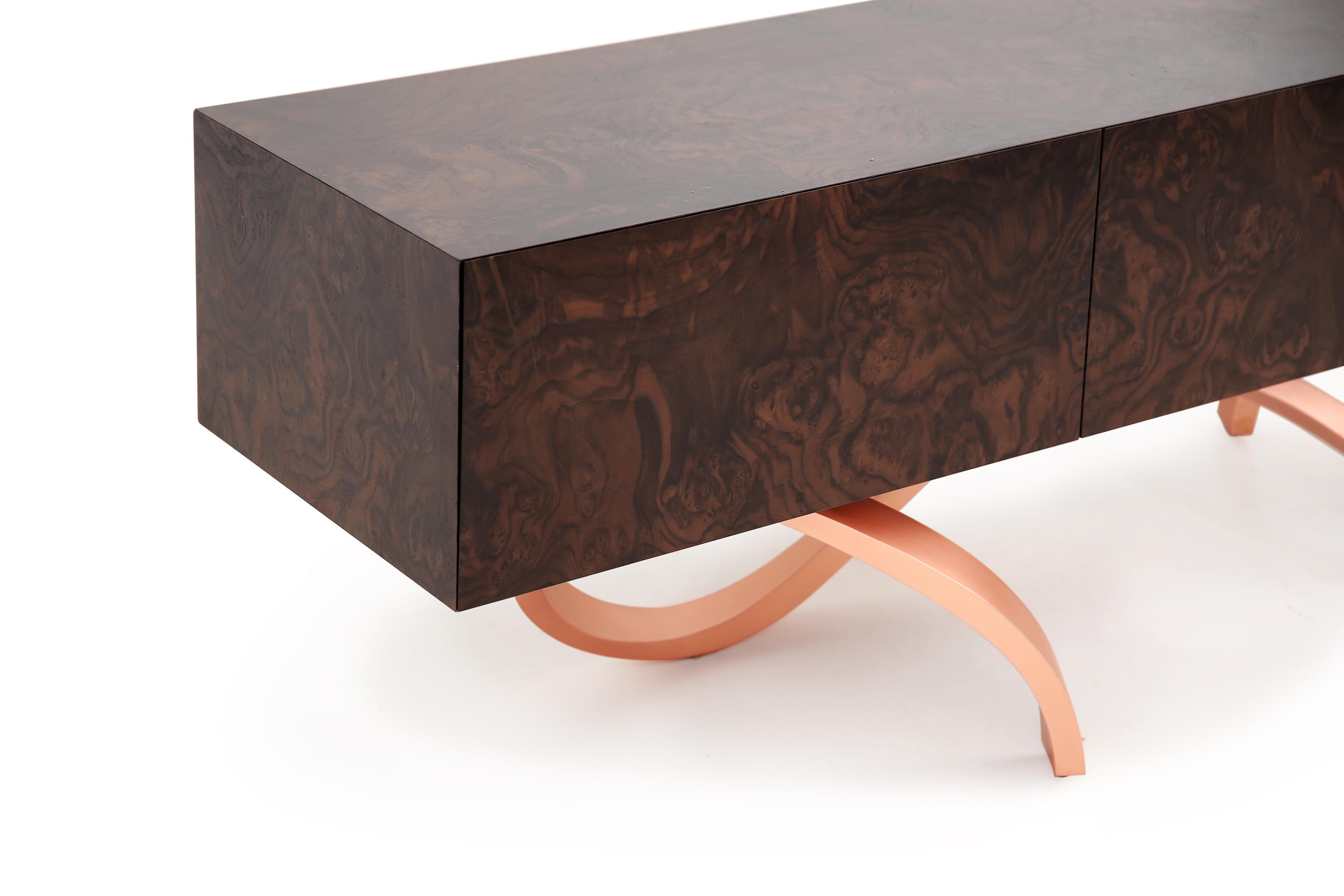 Latvian Contemporary Penance Sideboard or Console in Walnut Root Copper For Sale