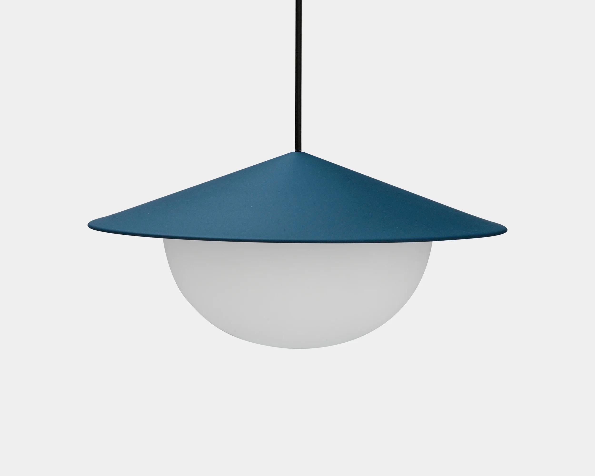 Alley pendant lamp by AGO Lighting
UL Listed

Painted aluminum, white opal glass
LED G9 110-240V (not included)

Available colors:
Charcoal, white, grey, burgundy, green, mustard, dark blue, mud grey, brick red

Dimensions:
15.8 x 34 cm (Large)
11 x