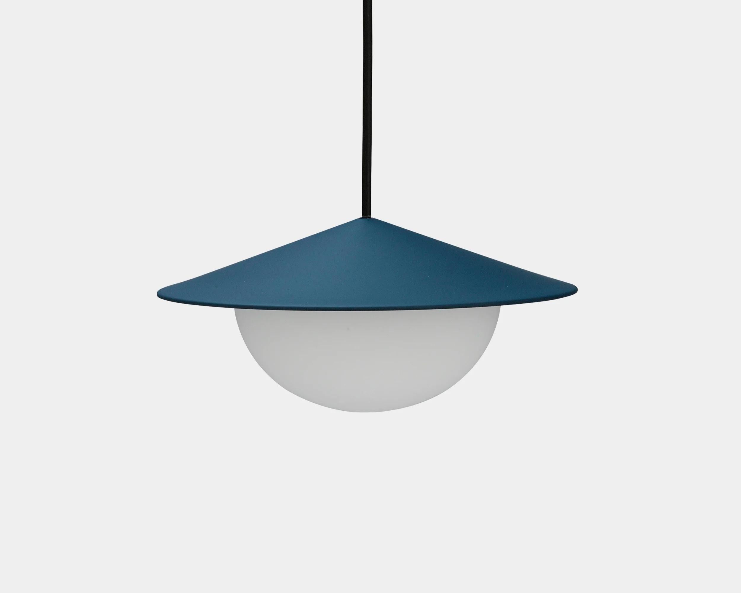 Alley pendant lamp by AGO lighting
UL Listed

Painted aluminum, white opal glass
LED G9 110-240V (not included)

Available colors:
Charcoal, white, grey, burgundy, green, mustard, dark blue, mud grey, brick red

Dimensions:
15,8 x 34 cm (Large)
11 x