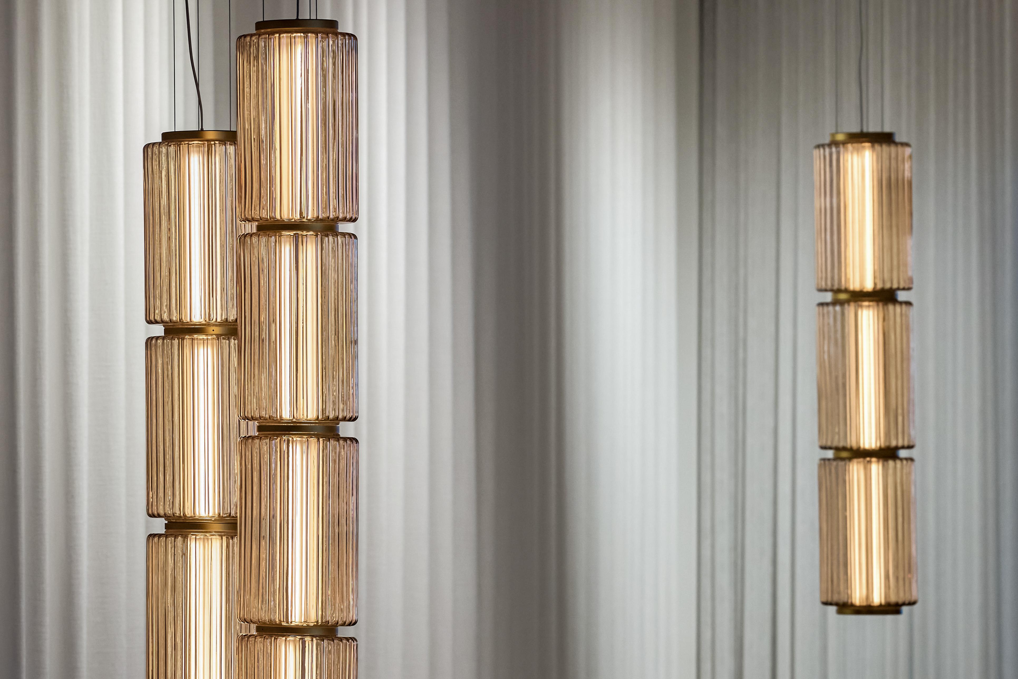 Glass Contemporary Pendant Lamp 'Column' 175-6, Horizontal, Amber For Sale