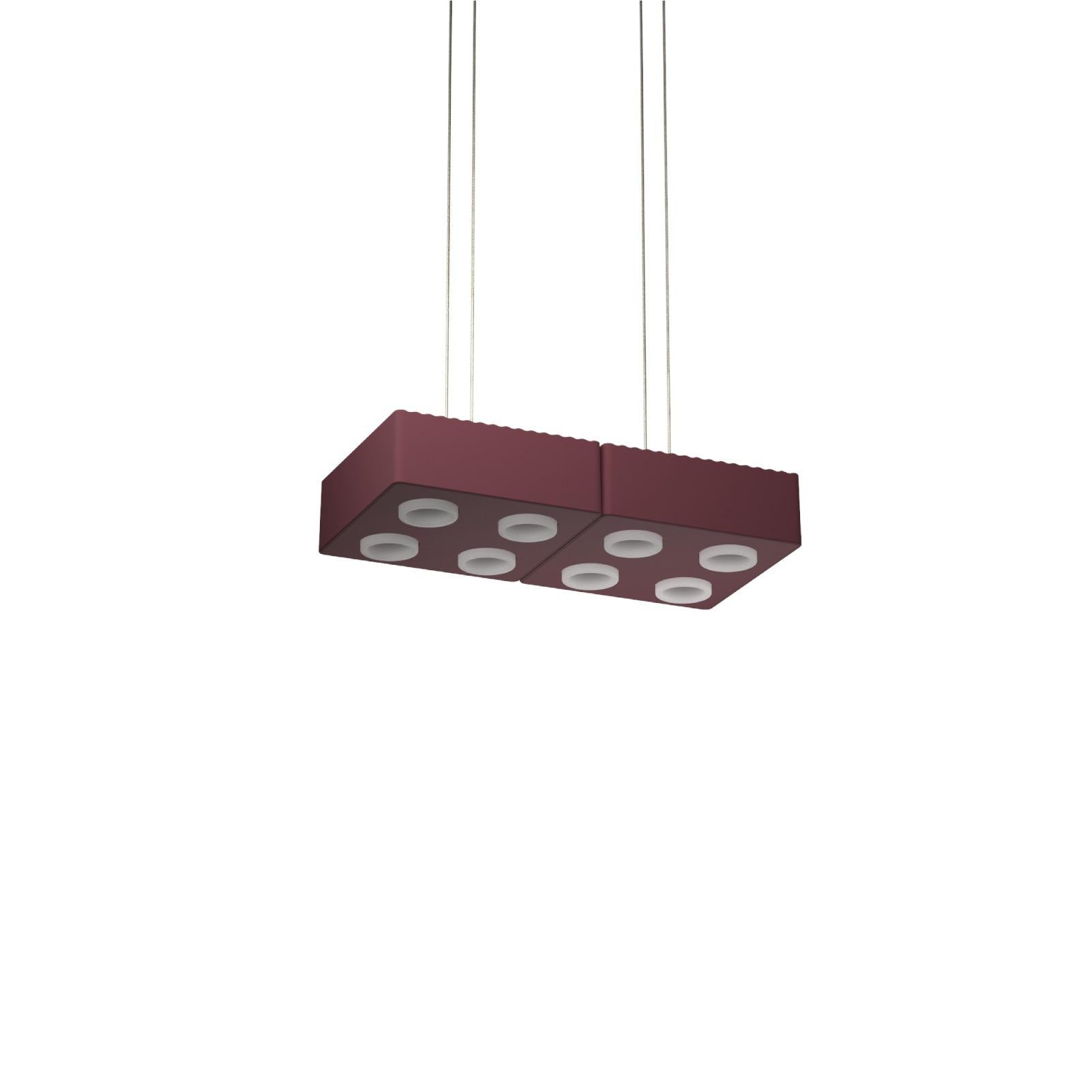Domino Pendant lamp by Sylvain Willenz x AGO Lighting
Burgundy - Double Pendant Lamp

Materials: Aluminum 
Light Source: Integrated LED (COB), DC
Watt. 30 W (15W x 2)
Color temp. 2700 / 3000K
Cable Length: 3m 

Available colors:
Charcoal,