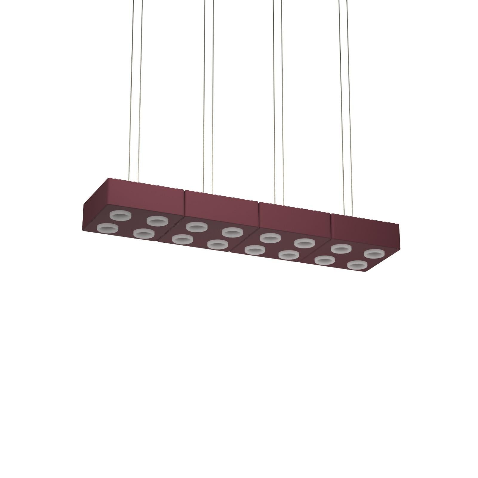 Domino Pendant lamp by Sylvain Willenz x AGO Lighting
Burgundy - Quad Pendant Lamp

Materials: Aluminum 
Light Source: Integrated LED (COB), DC
Watt. 60 W (15W x 4)
Color temp. 2700 / 3000K
Cable Length: 3m 

Available colors:
Charcoal,