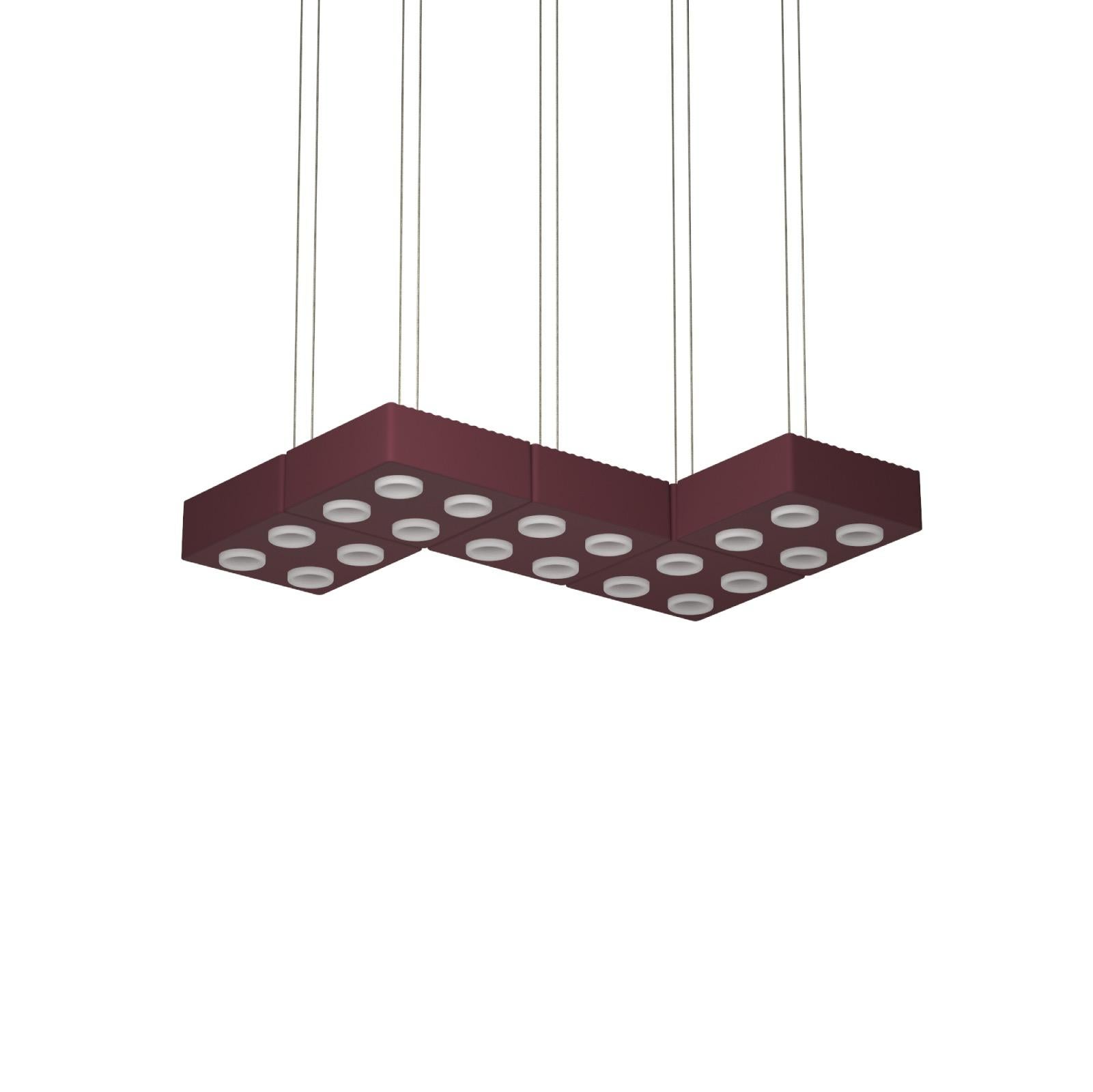 Domino Pendant lamp by Sylvain Willenz x AGO Lighting
Burgundy - Quintet Pendant Lamp

Materials: Aluminum 
Light Source: Integrated LED (COB), DC
Watt. 75 W (15W x 5)
Color temp. 2700 / 3000K
Cable Length: 3m 

Available colors:
Charcoal,