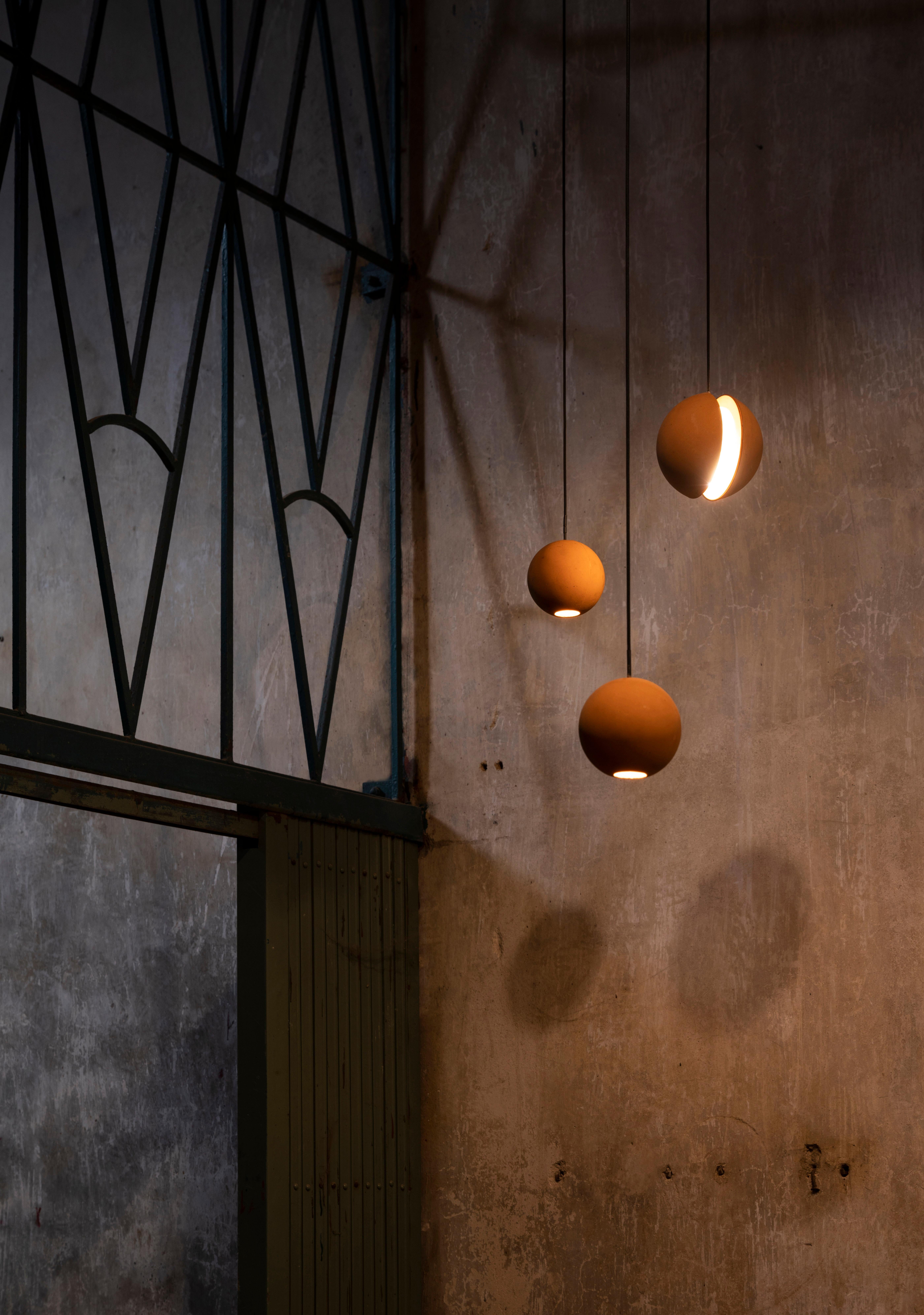 Industrial Contemporary Pendant Lamp 'E-MARS' in Terracotta, Small, Orange For Sale