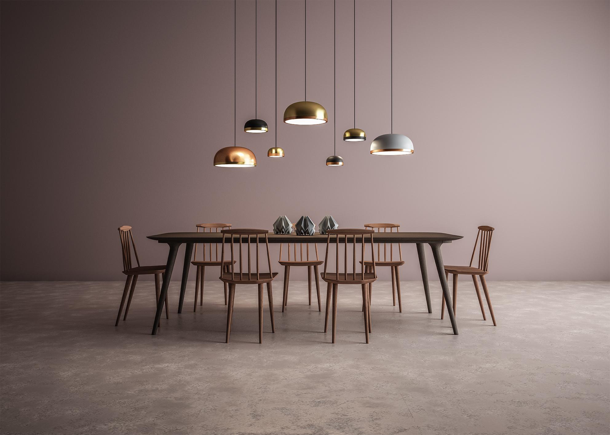 Pendant Lamp Molly 556.22 by TOOY
Designer: Corrado Dotti

Model shown: Copper ring + Brass Dome
Dimensions: H. 17 x D. 20 cm
Source light: 1 x LED 220/240V , 1200 lumens,  12W Compliant with USA electric system
Adjustable direct light