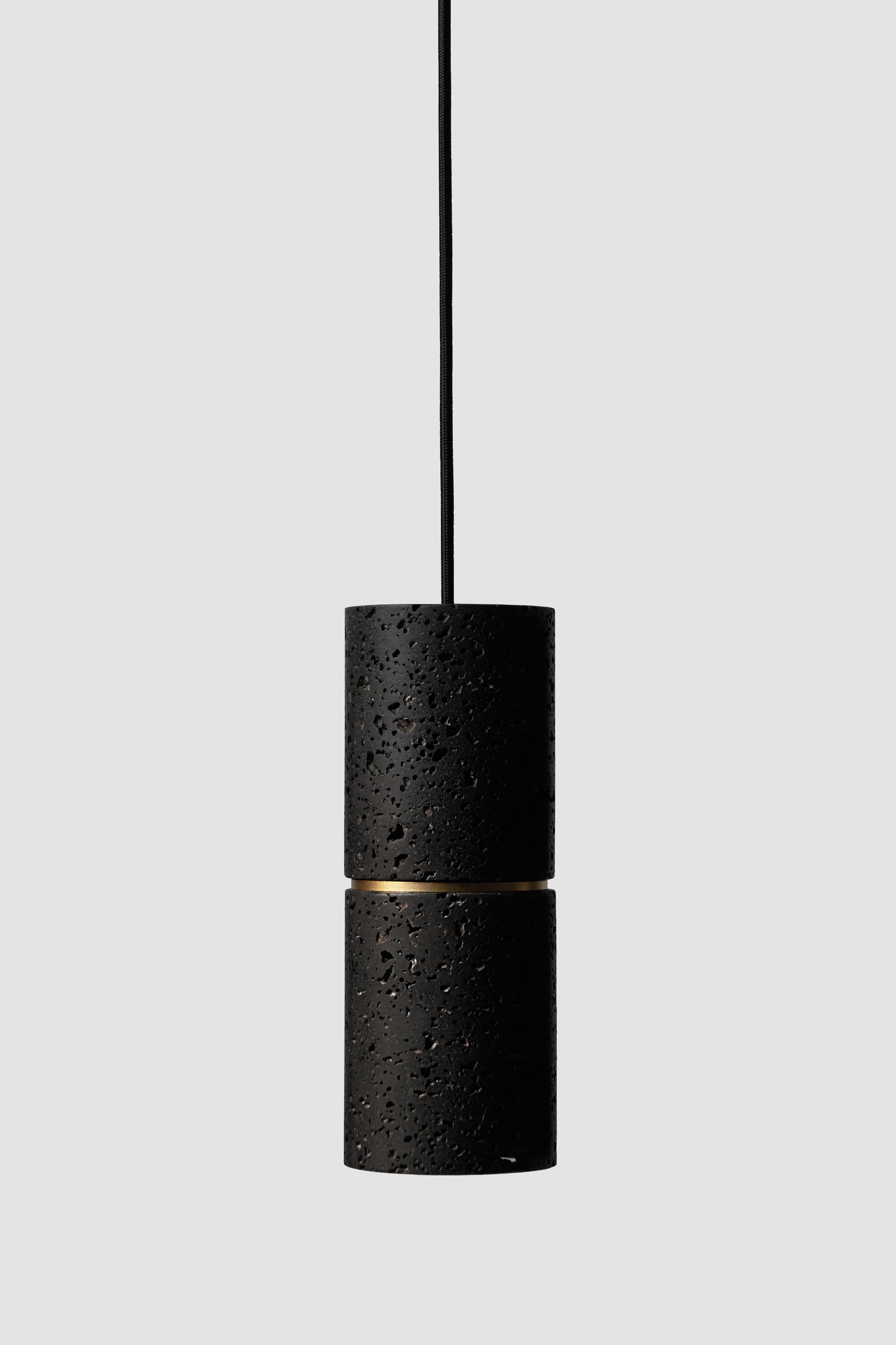 Industrial Contemporary Pendant Lamp 'RI' in Black Lava Stone 'Brass Finish' For Sale