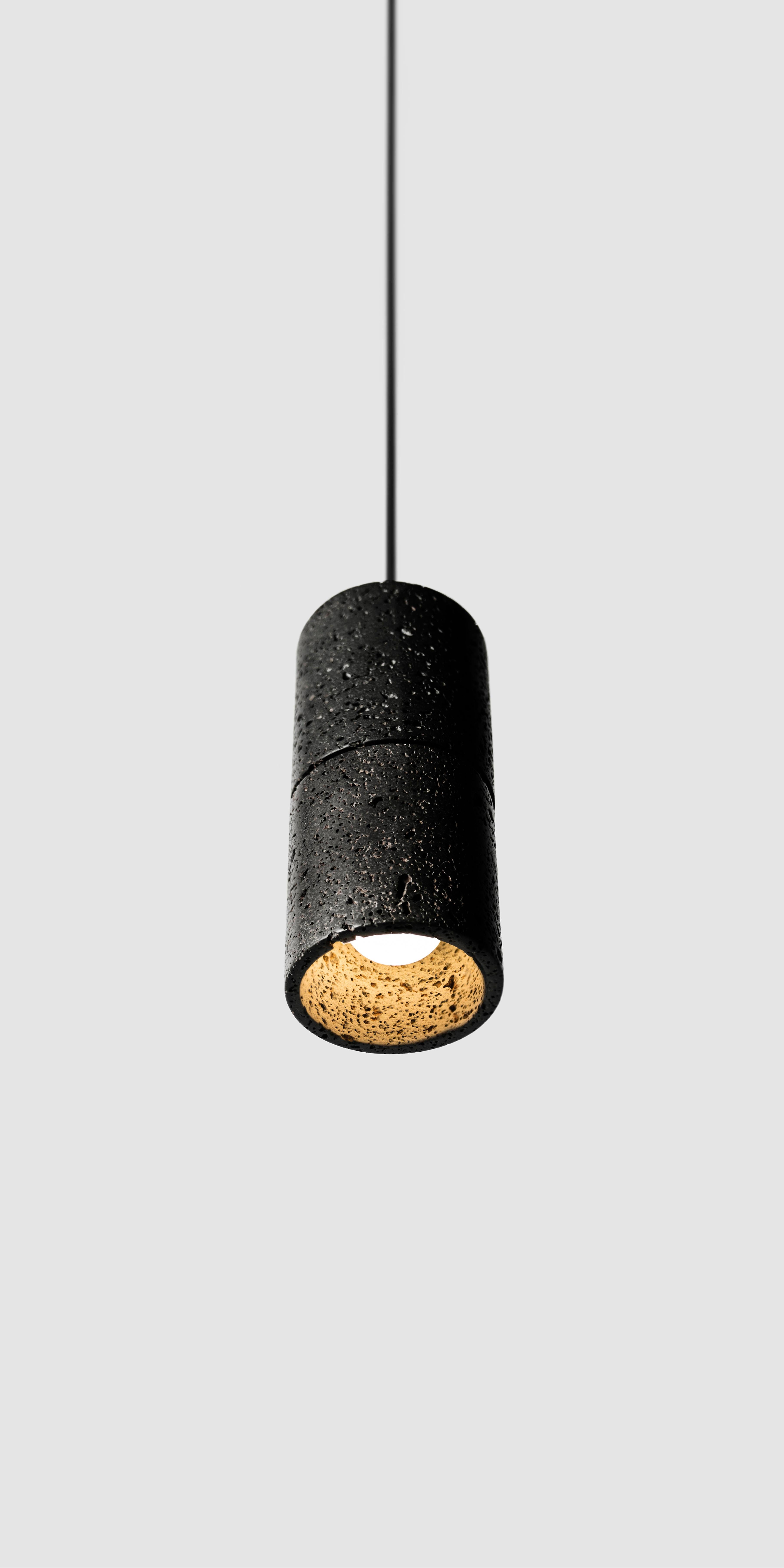 Contemporary Pendant Lamp 'RI' in Black Lava Stone 'Brass Finish' For Sale 1