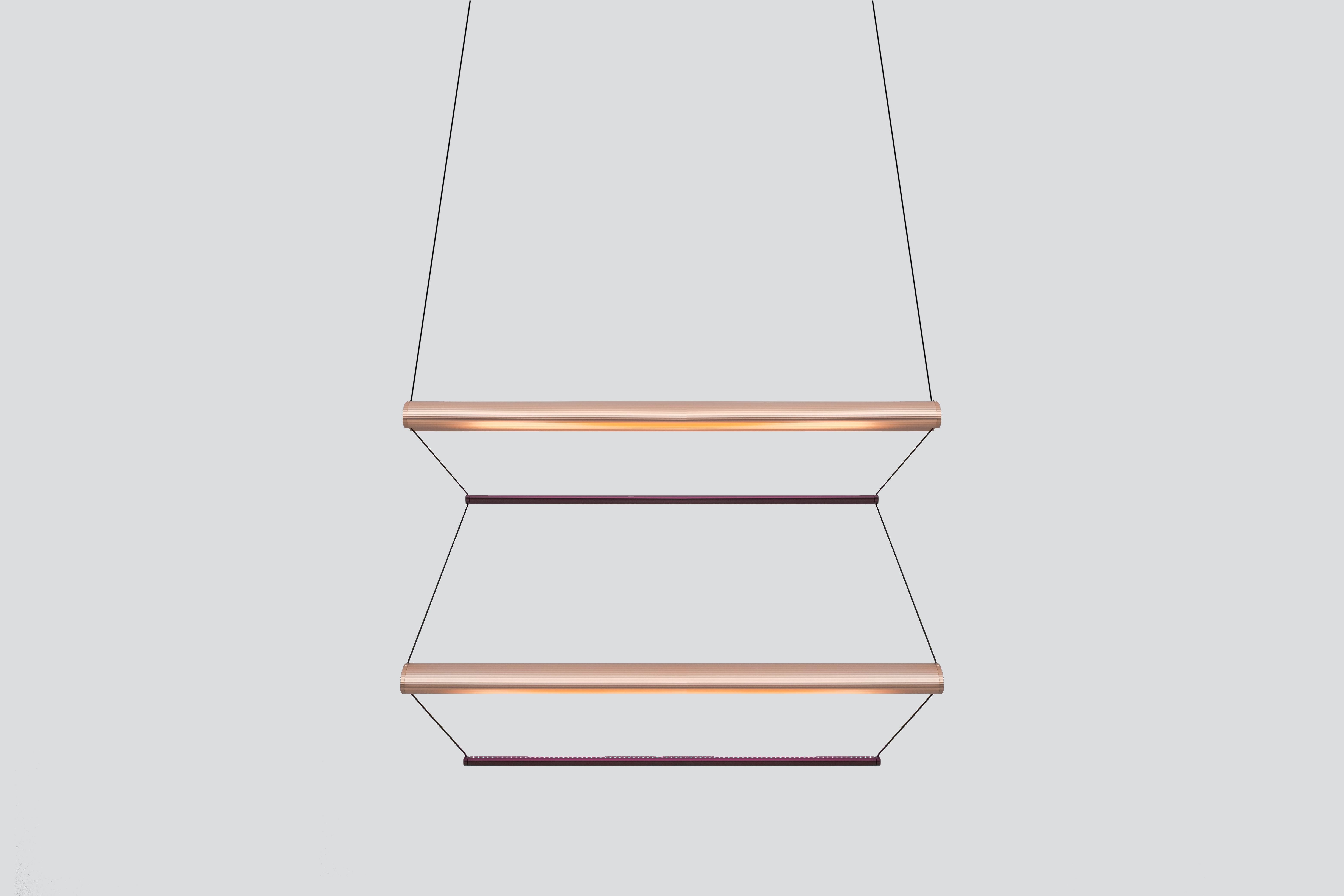 Contemporary Pendant Lamp 'Tier 2', 100, Vertical, Copper and Amethyst by AND
Designer: Lukas Peet

Materials:
- Aluminum

Dimensions:
- 100cm x 70cm x 17.5cm
39.25” x 27.5” x 7”
- Adjustable drop length: 243cm / 96”

Input Voltage:
- 110–120V,