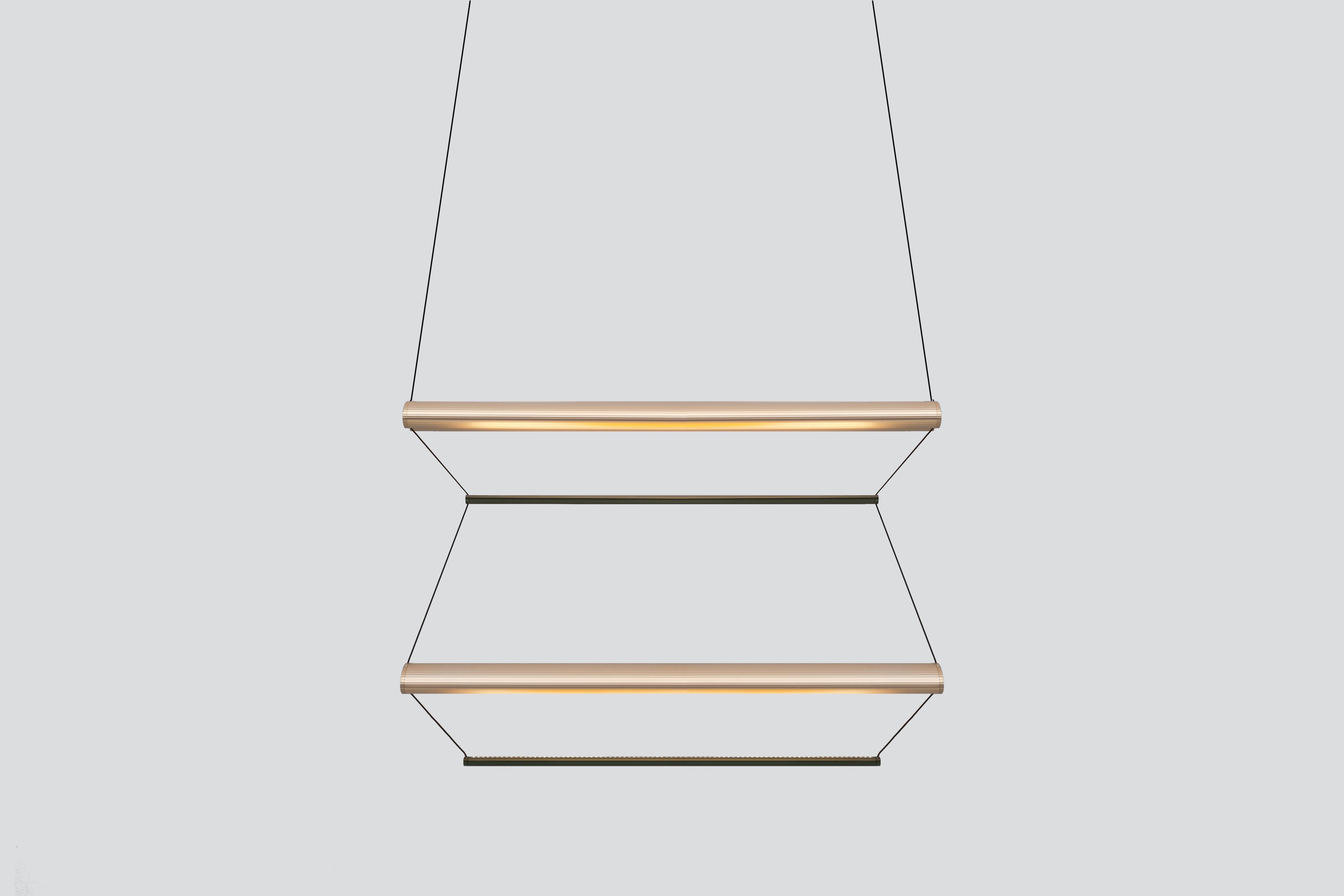 Contemporary Pendant Lamp 'Tier 2', 100, Vertical, Gold and Emerald by AND
Designer: Lukas Peet

Materials:
- Aluminum

Dimensions:
- 100cm x 70cm x 17.5cm
39.25” x 27.5” x 7”
- Adjustable drop length: 243cm / 96”

Input Voltage:
- 110–120V,