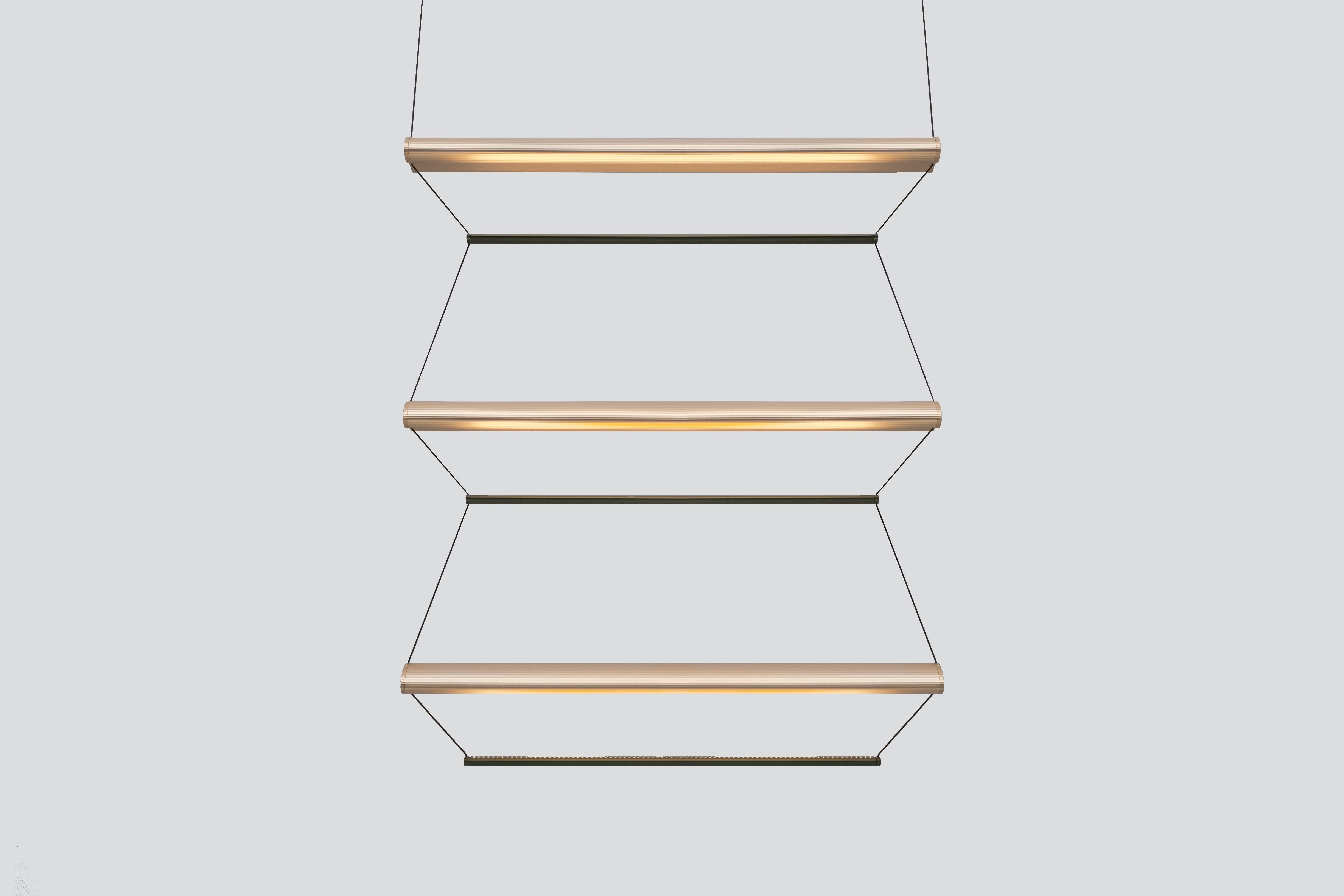 Contemporary Pendant Lamp 'Tier 3', 100, Vertical, Gold and Emerald by AND
Designer: Lukas Peet

Materials:
- Aluminum

Dimensions:
- 100cm x 120cm x 17.5cm
39.25” x 42.25” x 7