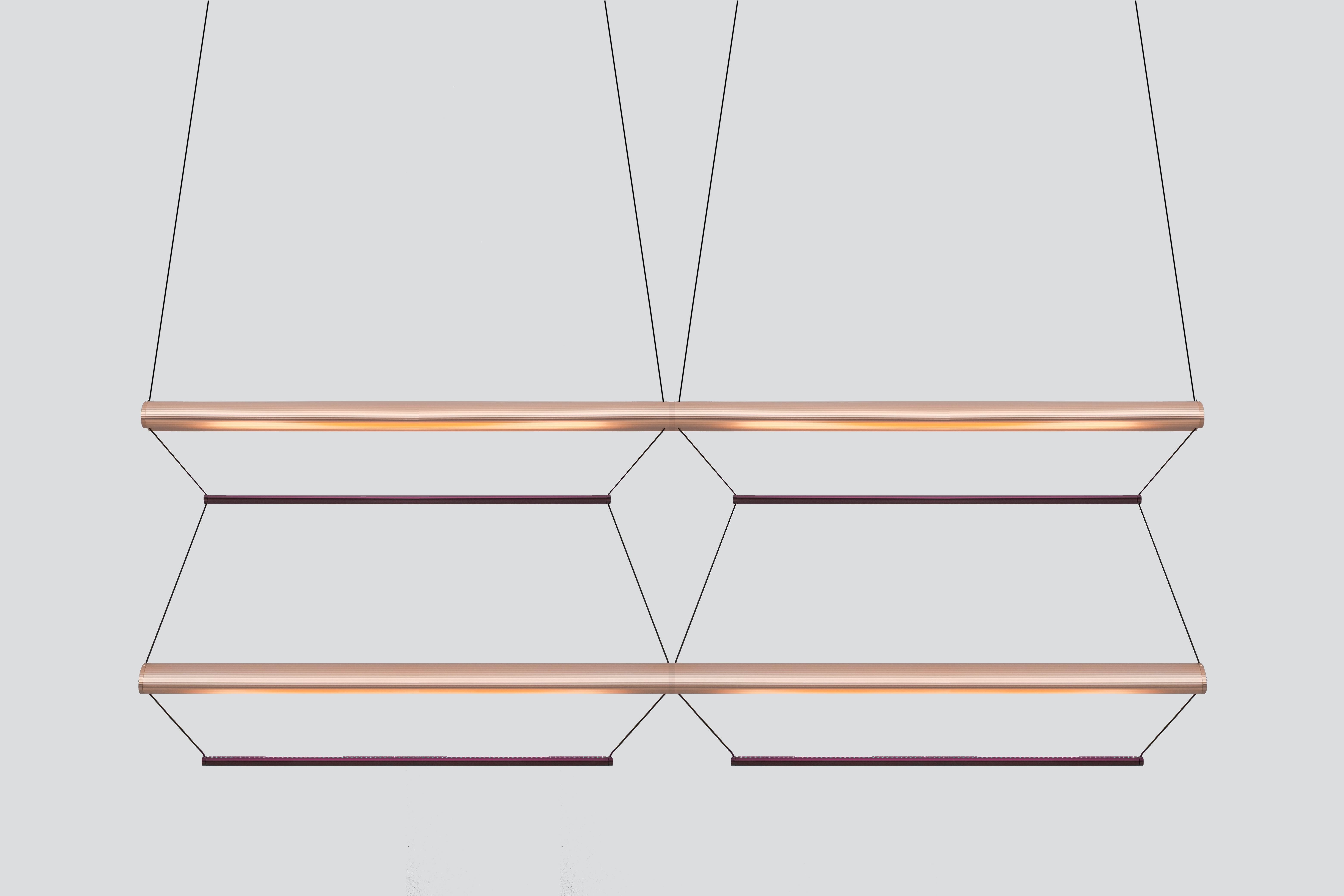 Contemporary Pendant Lamp 'Tier Grid 4', 100, Copper and Amethyst by AND
Designer: Lukas Peet

Materials:
- Aluminum

Dimensions:
- 200cm x 70cm x 17.5cm
78.75” x 27.5” x 7