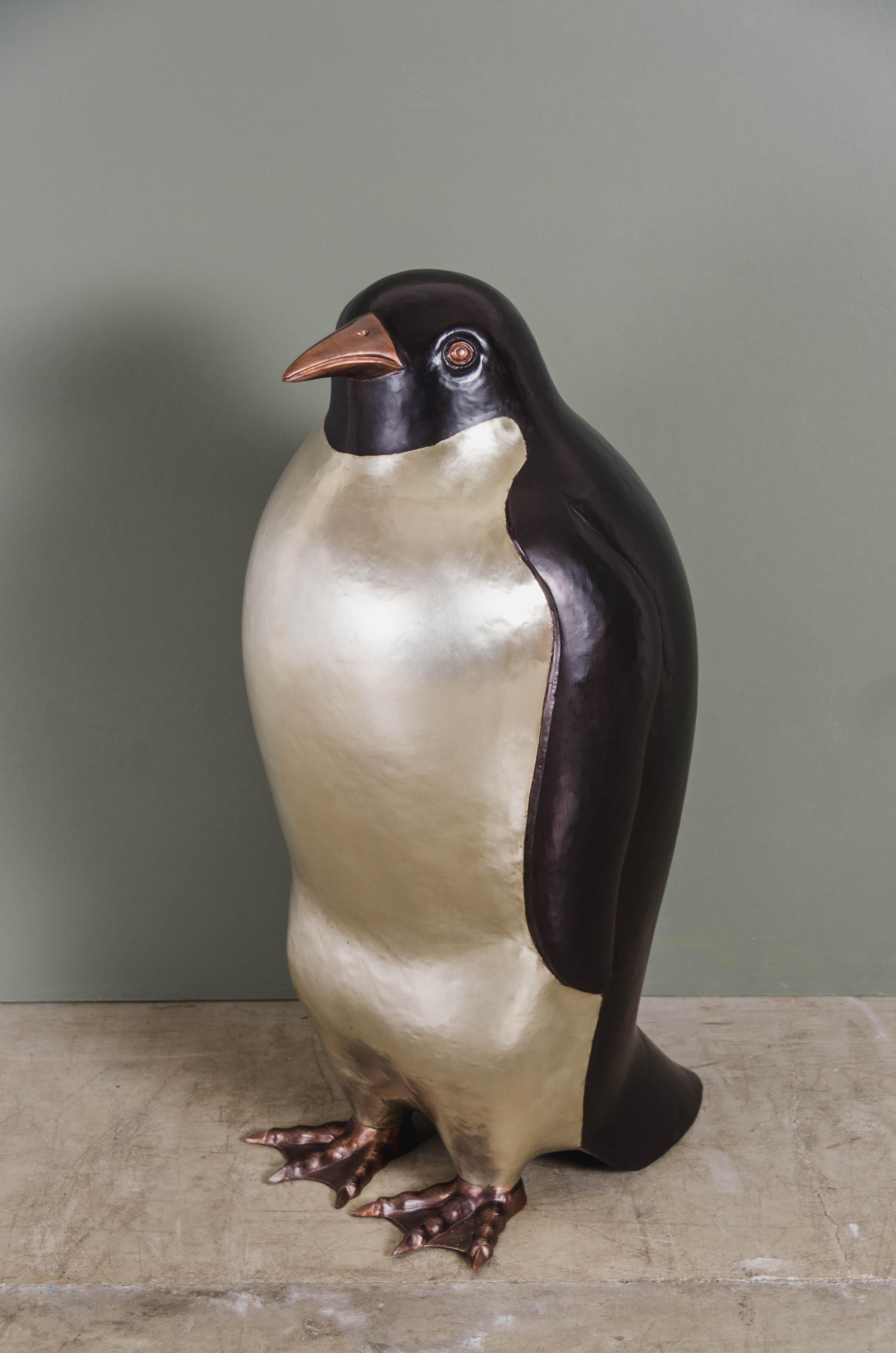 Modern Contemporary Penguin Sculpture in Copper and White Bronze by Robert Kuo For Sale