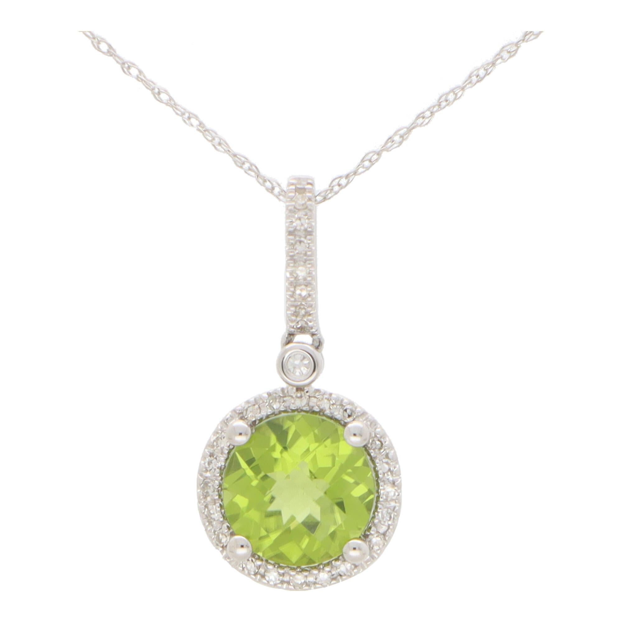 Modern Contemporary Peridot and Diamond Halo Pendant Necklace in 14k White Gold For Sale