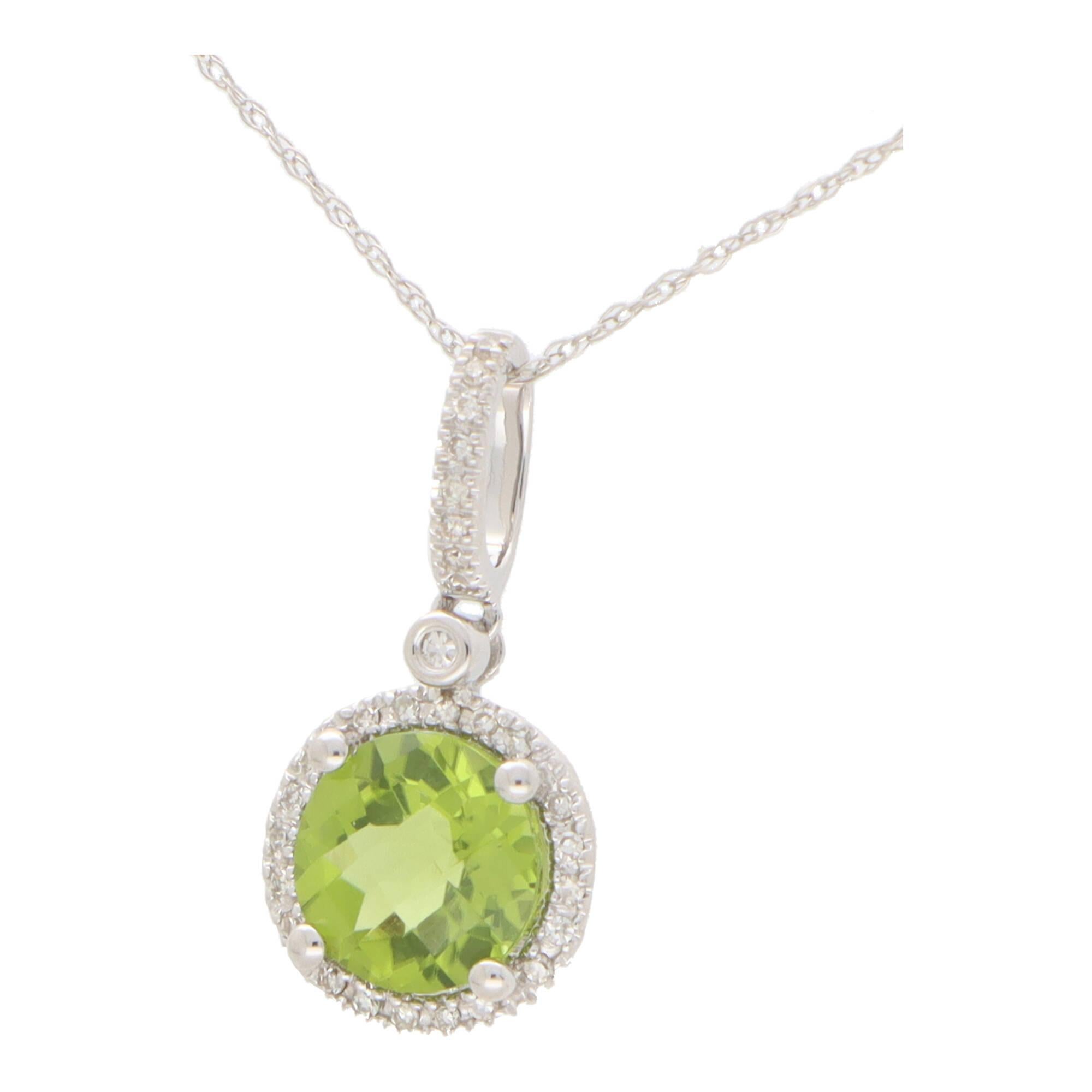 Round Cut Contemporary Peridot and Diamond Halo Pendant Necklace in 14k White Gold For Sale