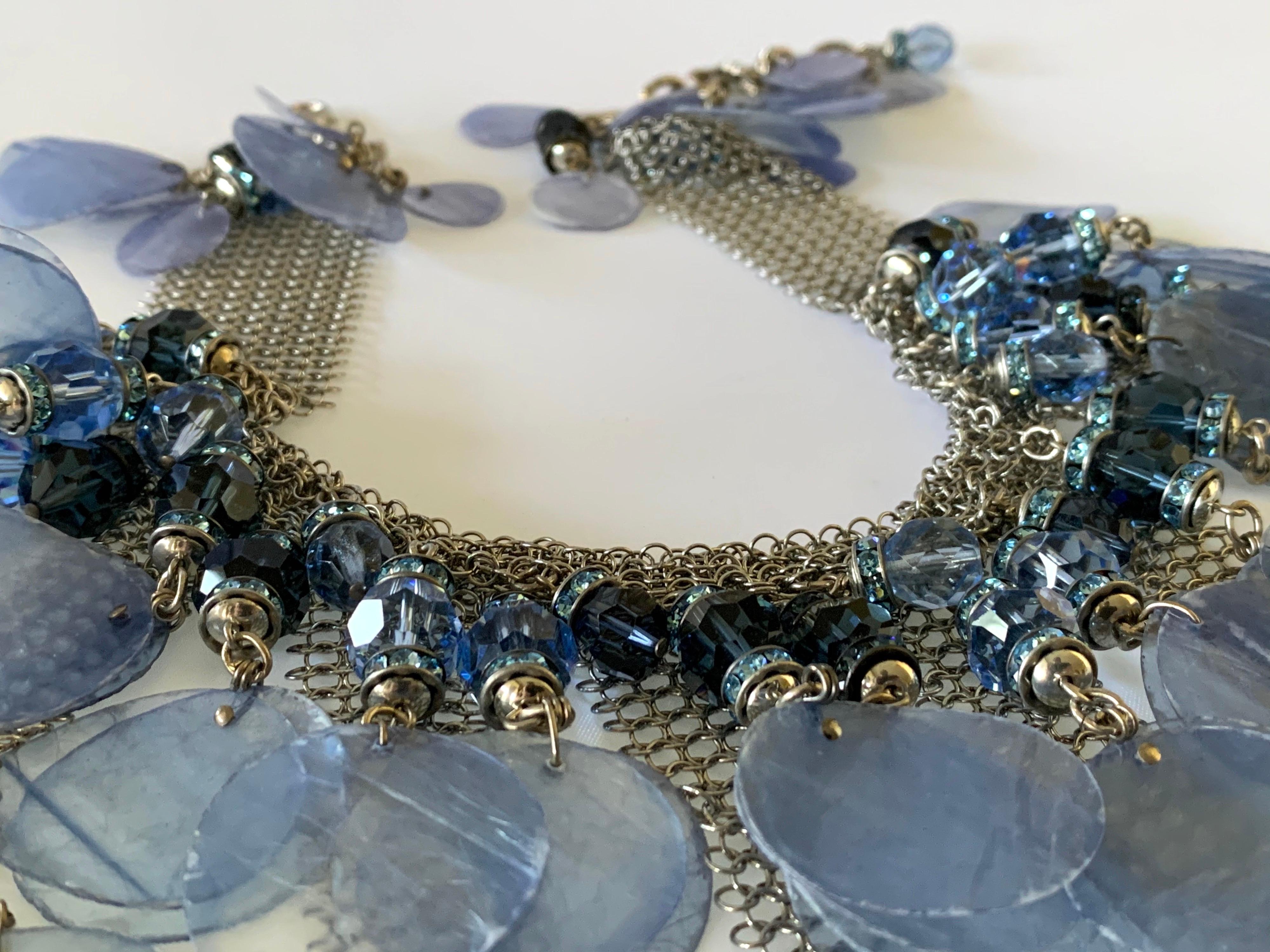 Contemporary Periwinkle Blue and Mesh Haute Couture Statement Necklace In New Condition In Palm Springs, CA