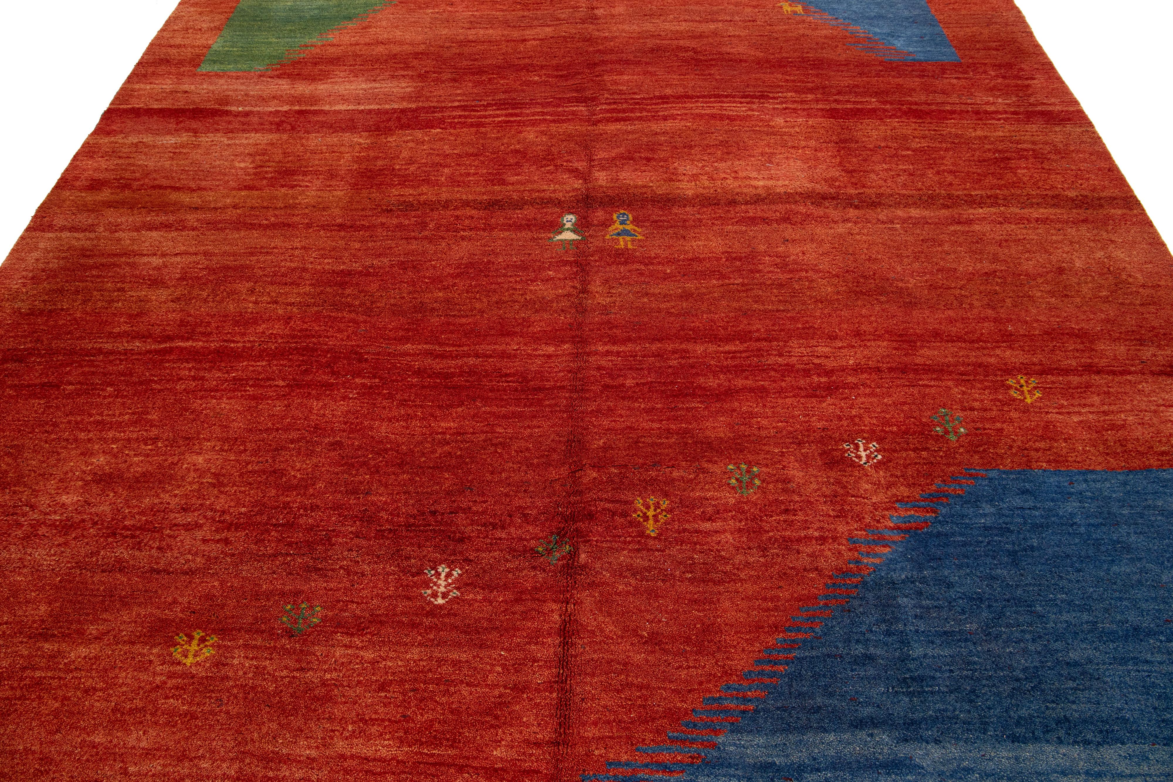 Contemporary Persian Gabbeh Designed Wool Rug in Red (Wolle) im Angebot
