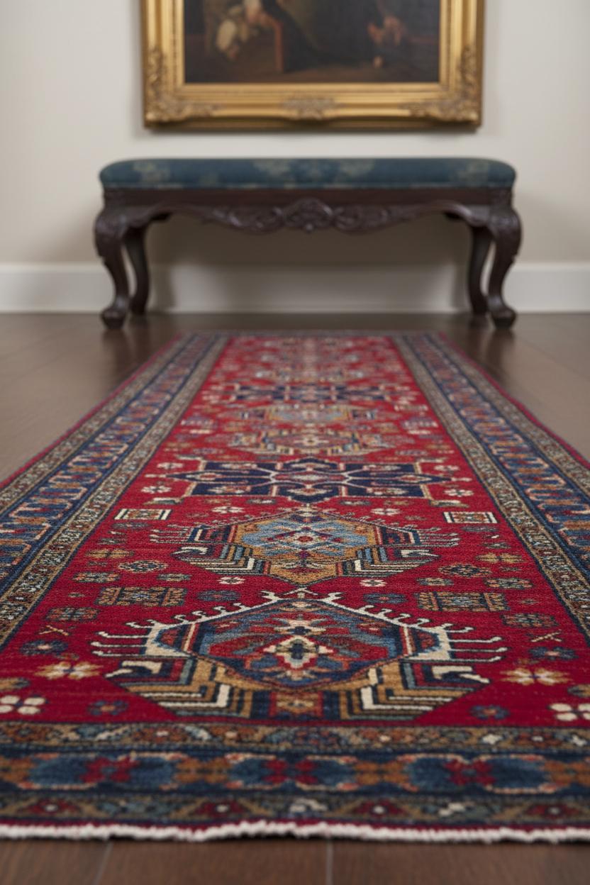 Questo runner in lana annodato a mano presenta la classica estetica persiana Heriz, tradotta in un lungo formato a galleria ideale per gli interni contemporanei. Il suo reticolo geometrico di motivi ispirati ai medaglioni corre lungo tutta la