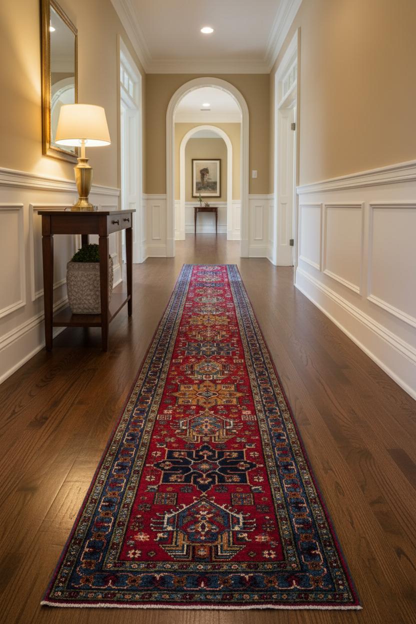 Heriz Serapi Runner persiano contemporaneo in lana Heriz, 2 ft × 18 ft, rosso e blu in vendita