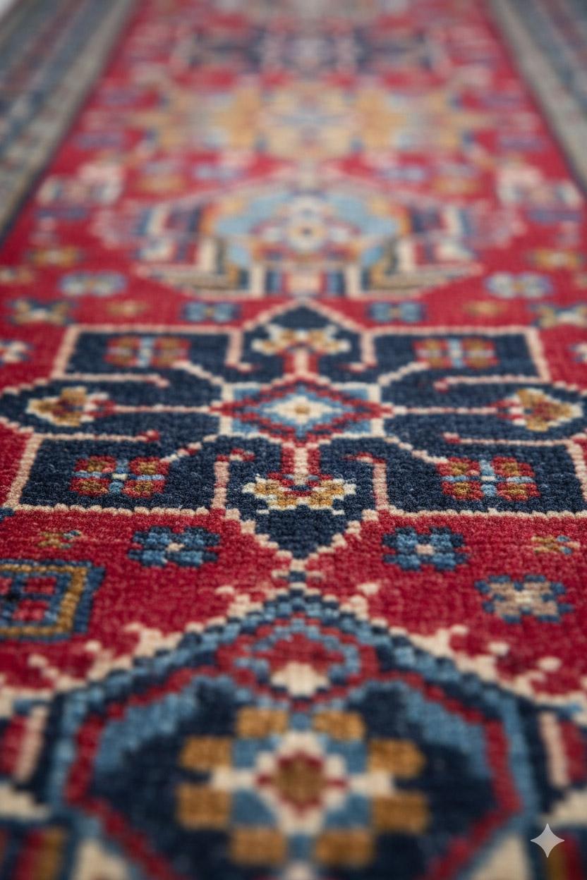 Annodato a mano Runner persiano contemporaneo in lana Heriz, 2 ft × 18 ft, rosso e blu in vendita