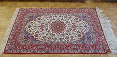 Contemporary Persian Isphahan, Ivory, Red, Wool Silk Warp, 1995