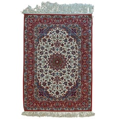 Contemporary Persian Isphahan, Ivory, Red, Wool Silk Warp, 1995