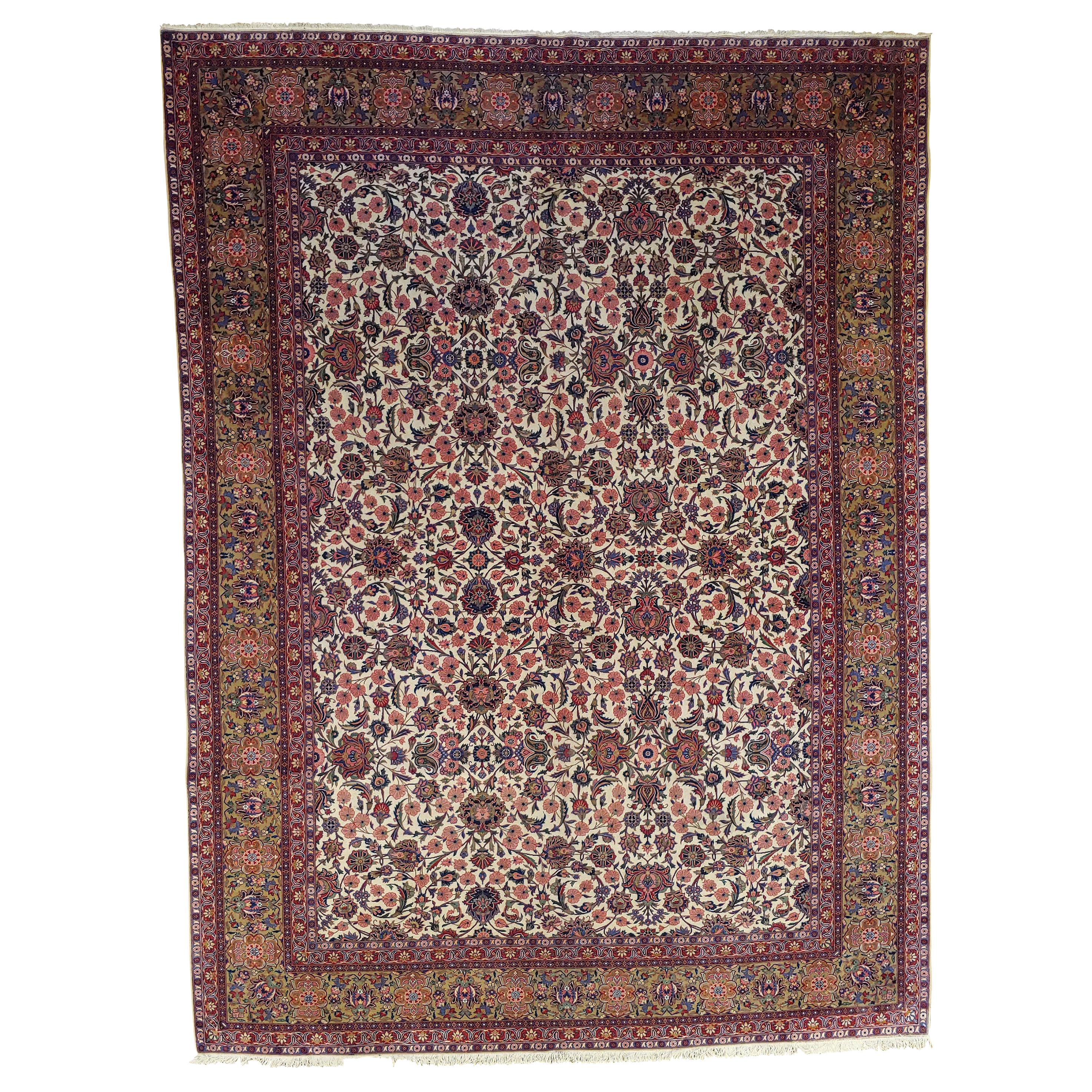 Contemporary Persian Kashan, Ivory, Wool, Room Size, 2000 For Sale
