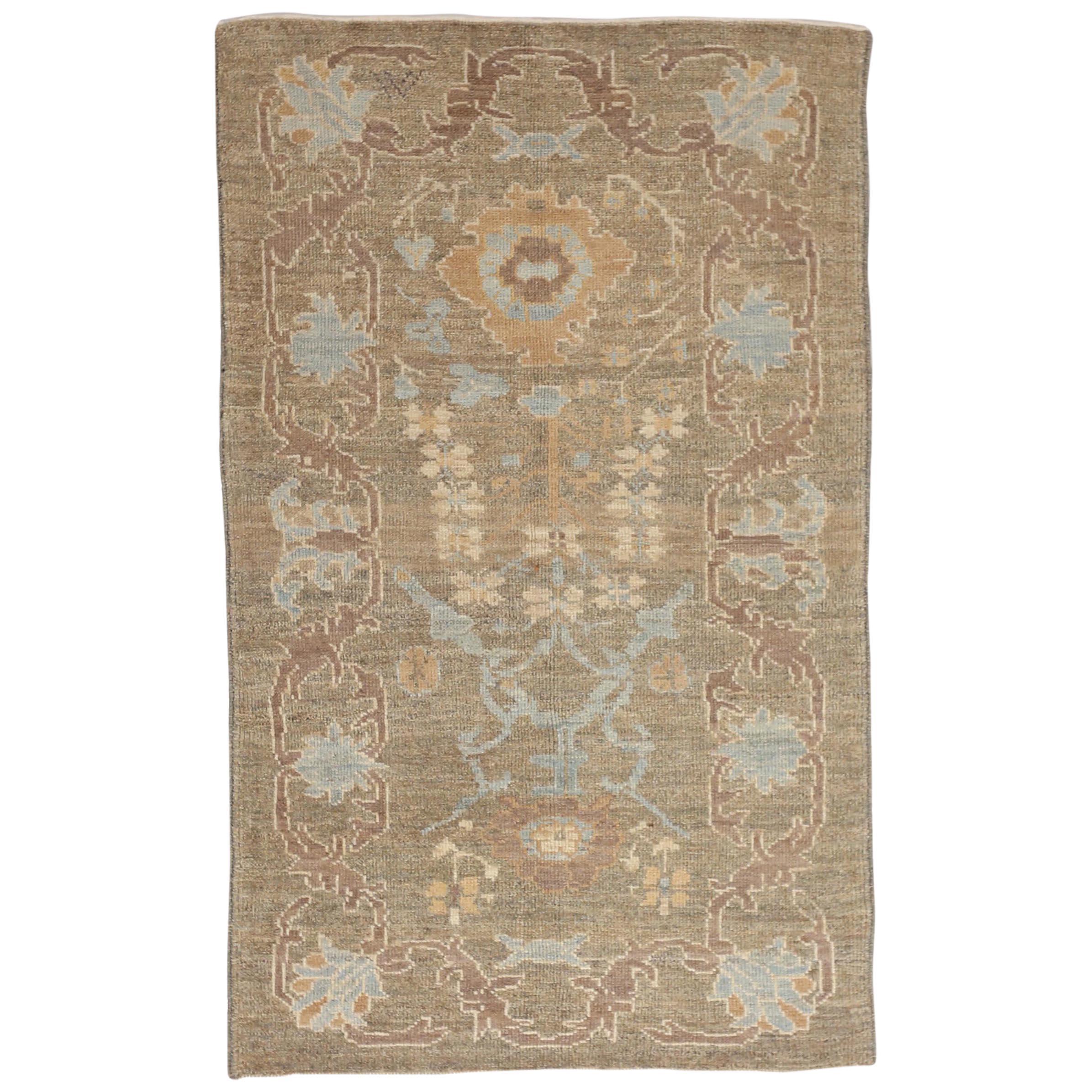 Contemporary Persian Oushak Rug Flower-Patterned in Blue and Brown For Sale