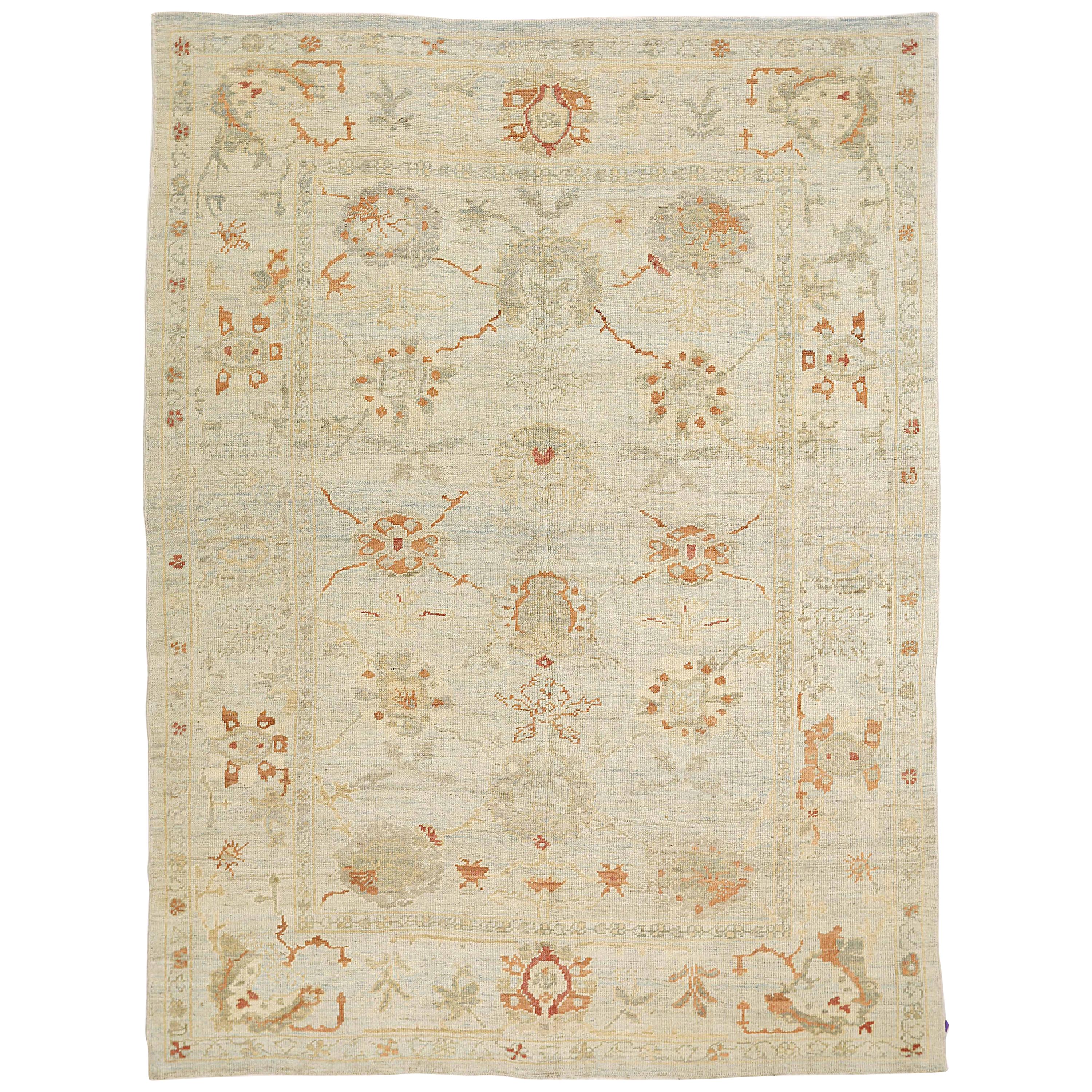 Contemporary Turkish Oushak Rug with Brown and Gray Botanical Motifs