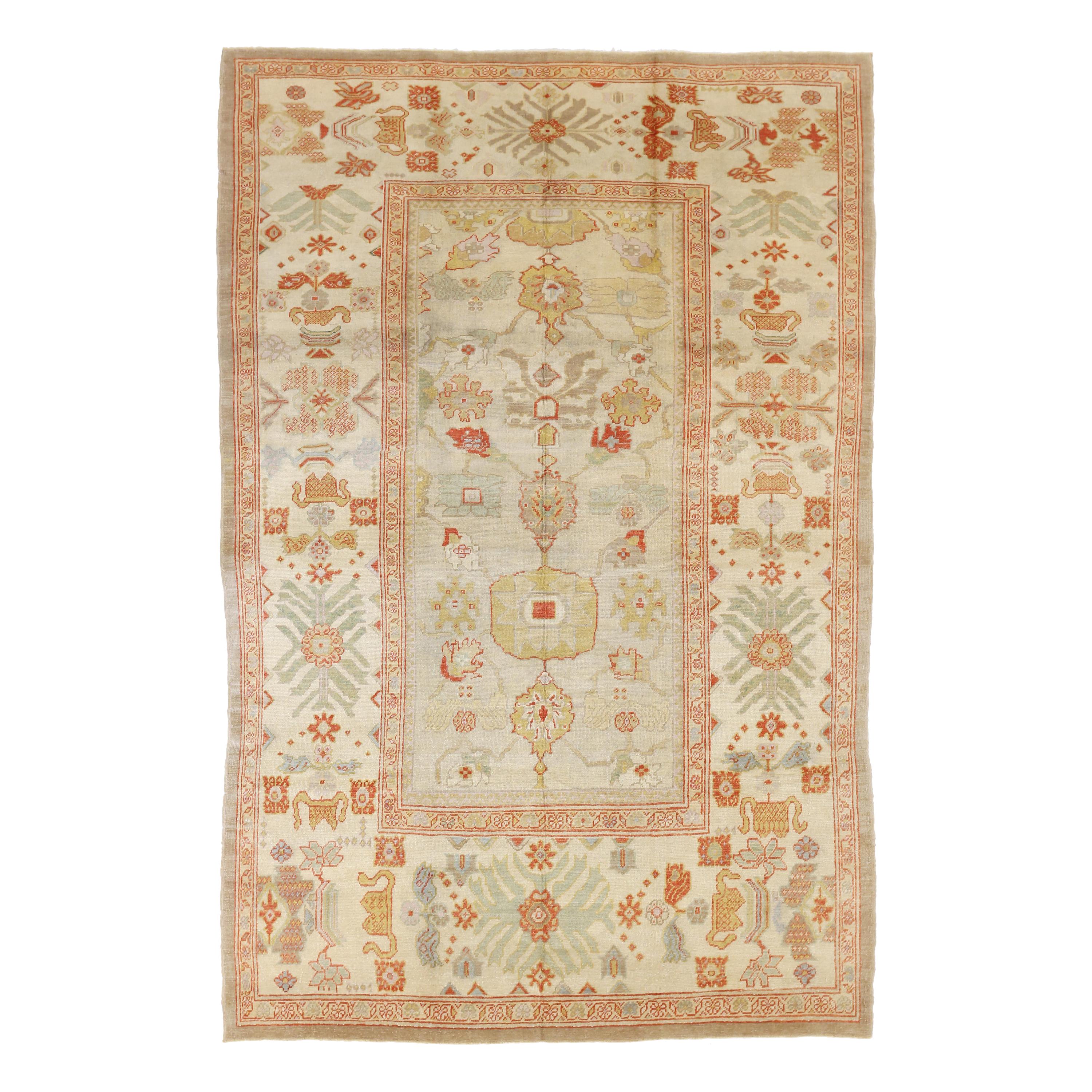 Contemporary Persian Oushak Rug with Red and Gold Botanical Motifs