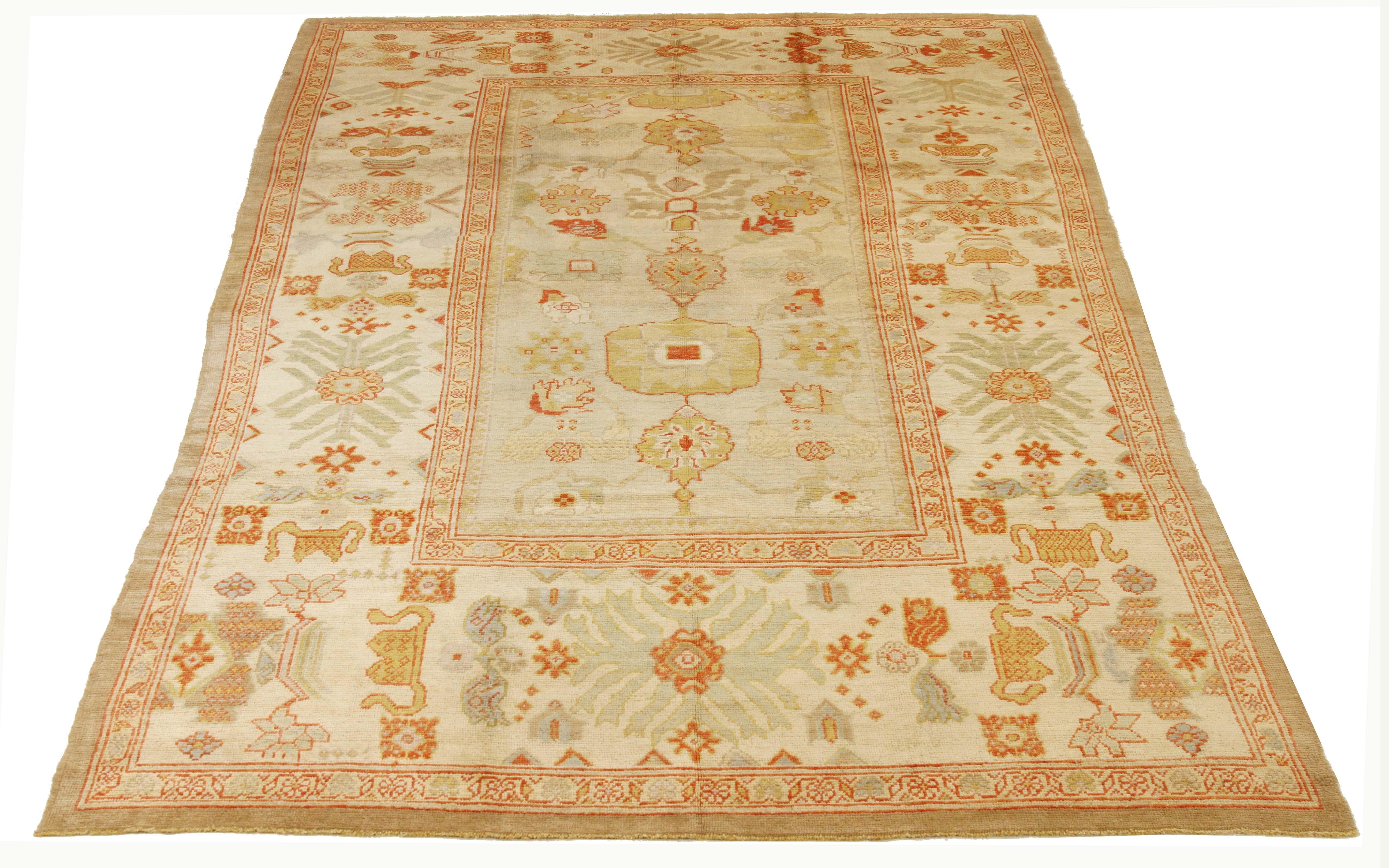 Contemporary Persian rug made of handwoven sheep’s wool of the finest quality. It’s colored with organic vegetable dyes that are certified safe for humans and pets alike. It features flower details all-over associated with Oushak weaving from