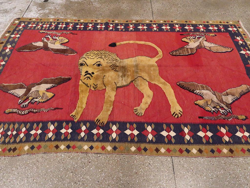 Hand-Woven Contemporary Persian Pictorial Souf Accent Rug in the Style of Gabbeh Lion Rugs