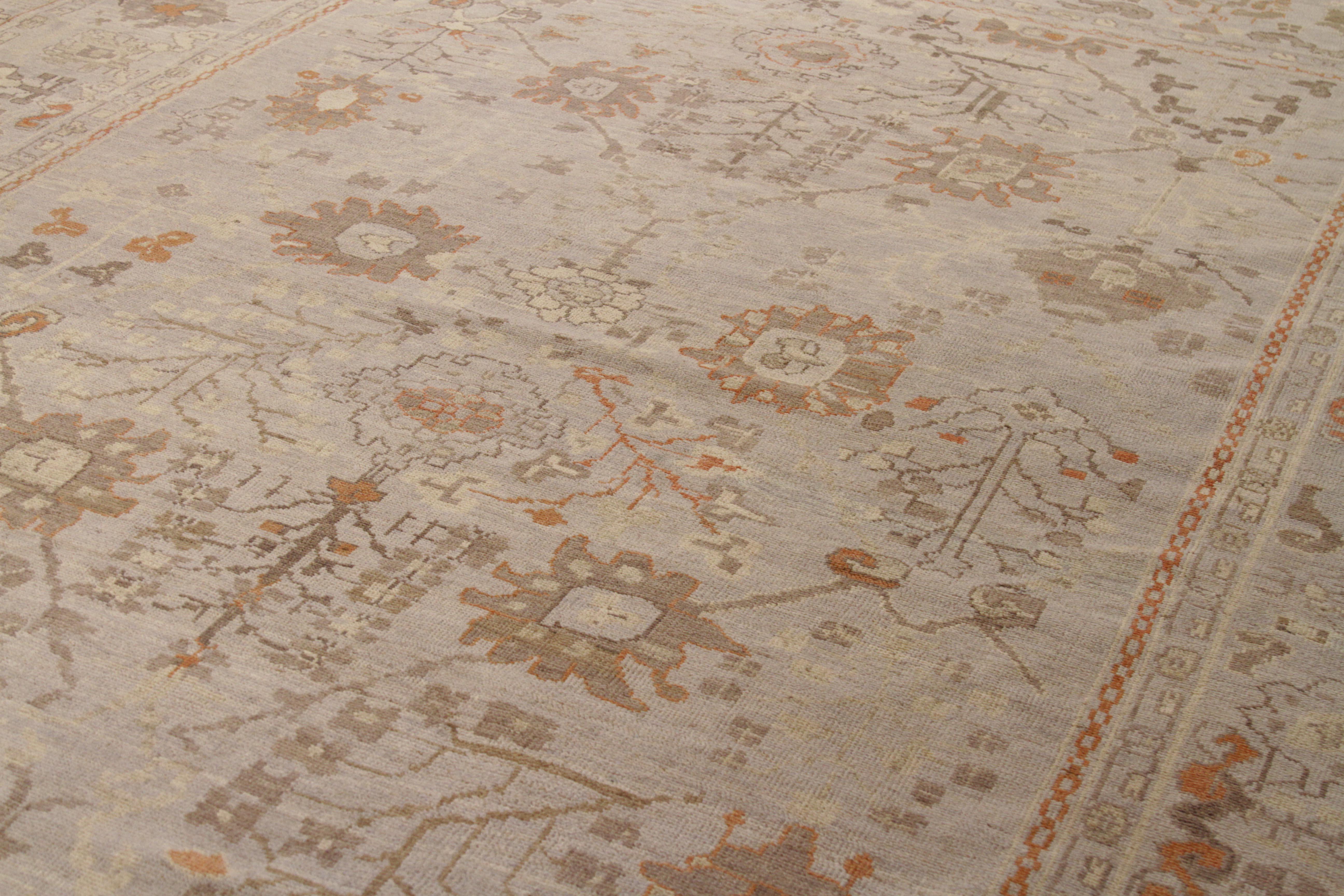 Hand-Woven Contemporary Persian Rug Oushak Design with Beige and Rust Flower Details For Sale