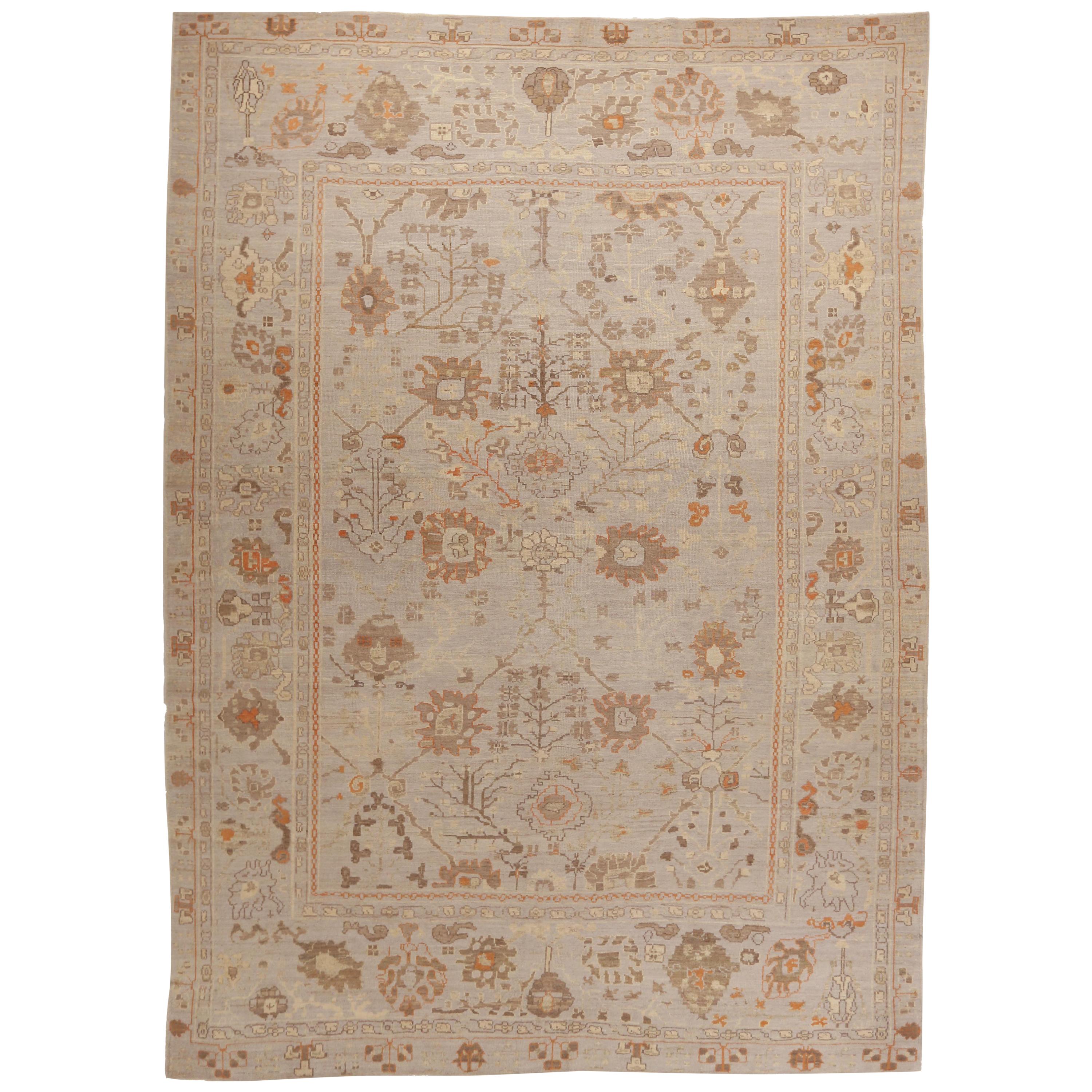 Contemporary Persian Rug Oushak Design with Beige and Rust Flower Details