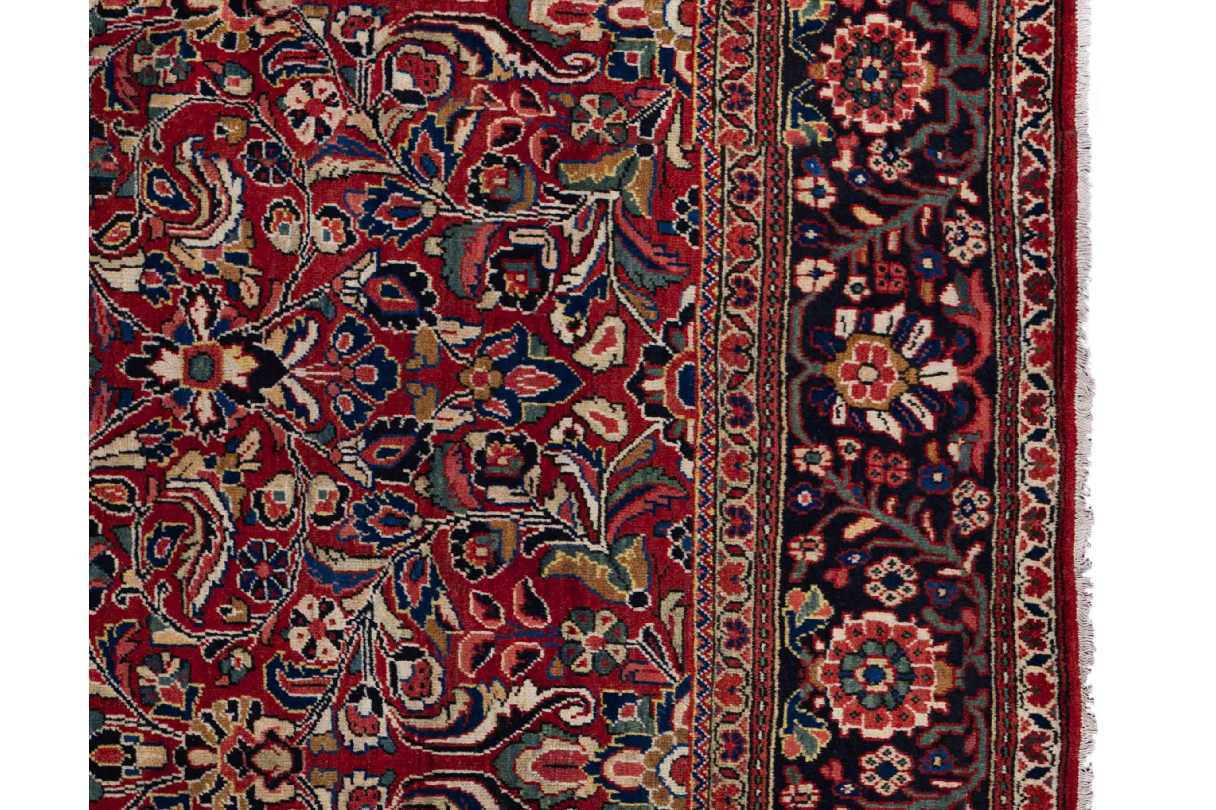 Zeitgenössischer Wollteppich im persischen Stil, 9 ft × 11 ft, rot und marineblau geblümt im Angebot 1