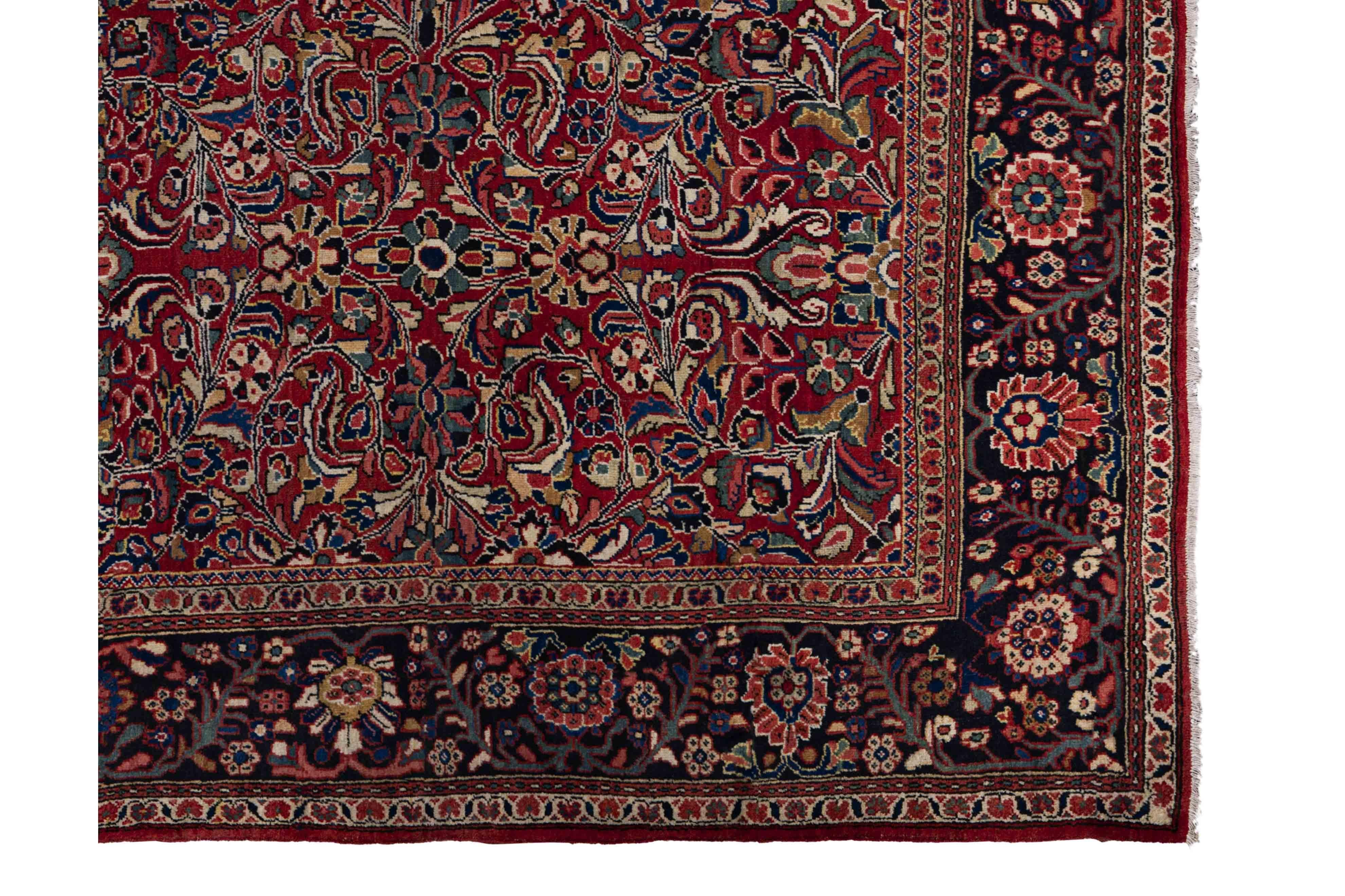 Zeitgenössischer Wollteppich im persischen Stil, 9 ft × 11 ft, rot und marineblau geblümt (Persisch) im Angebot