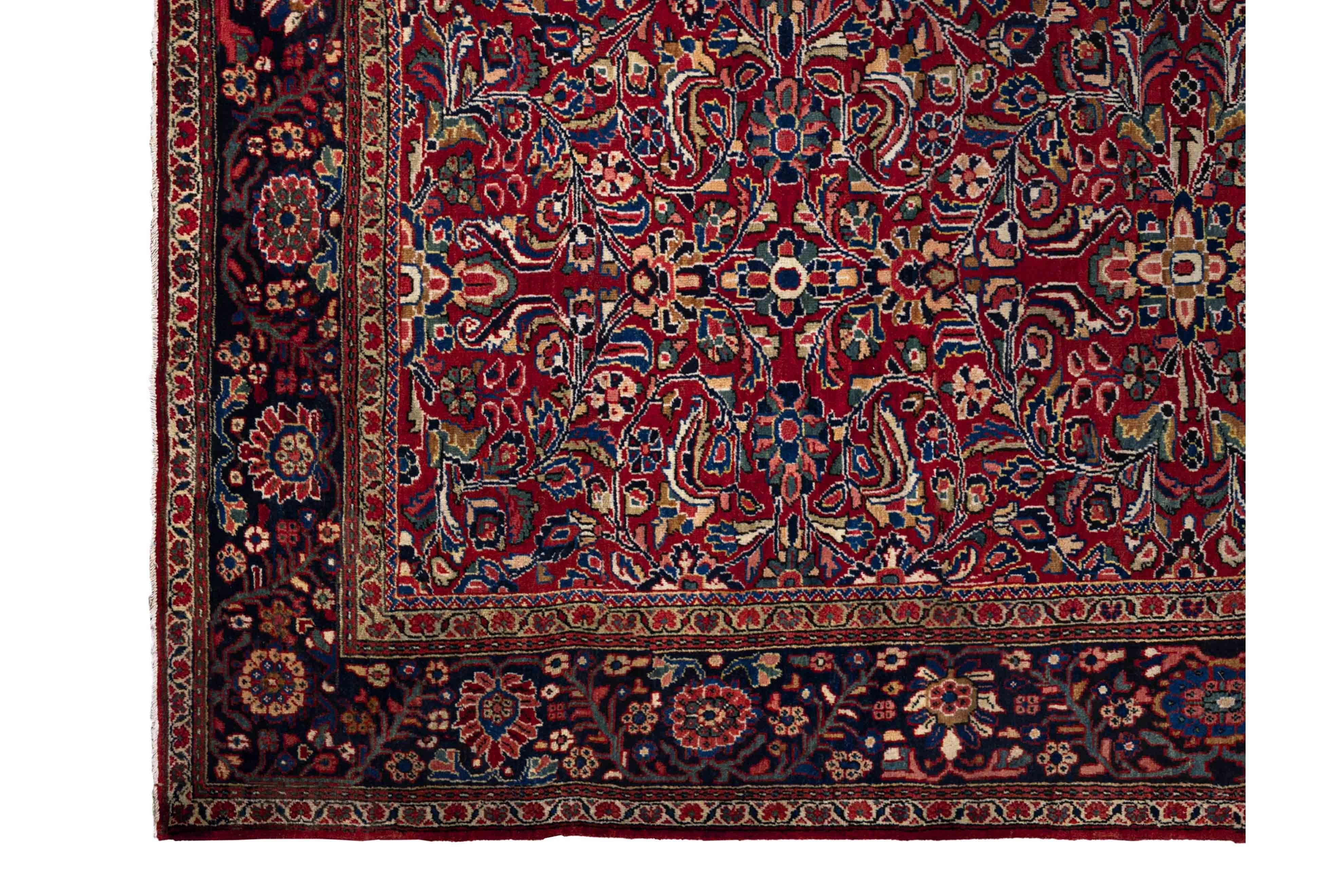 Zeitgenössischer Wollteppich im persischen Stil, 9 ft × 11 ft, rot und marineblau geblümt (Handgewebt) im Angebot