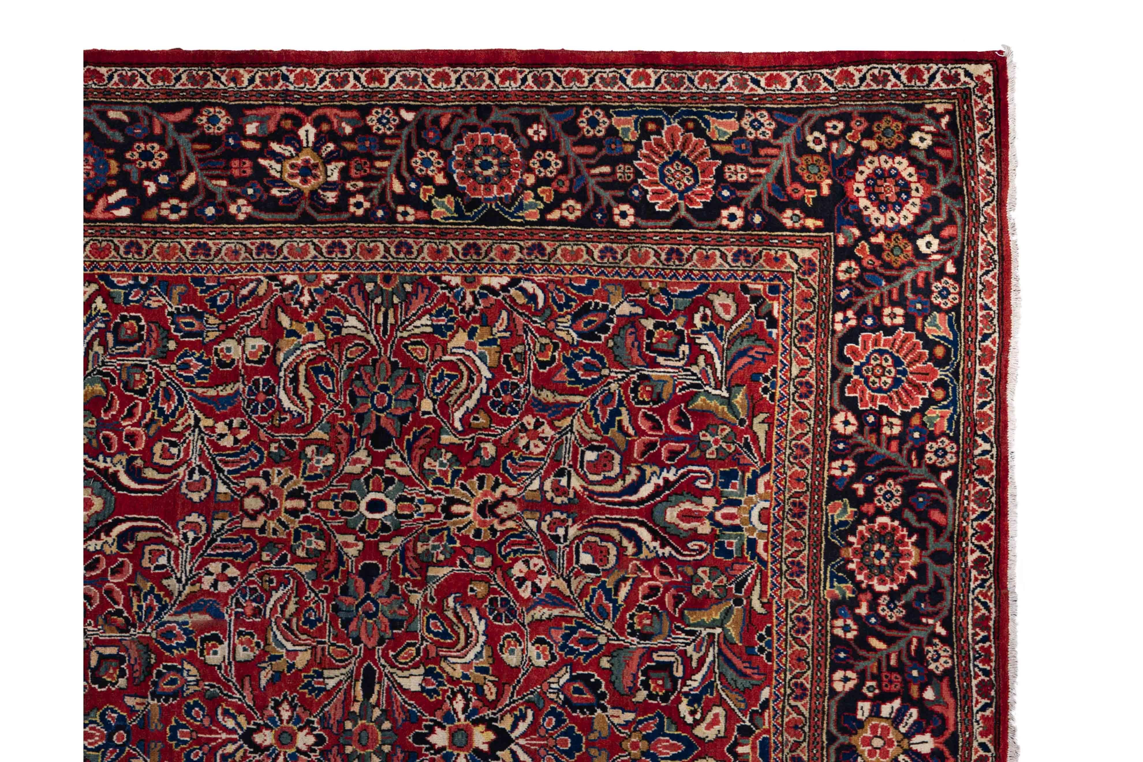 Zeitgenössischer Wollteppich im persischen Stil, 9 ft × 11 ft, rot und marineblau geblümt im Zustand „Hervorragend“ im Angebot in Dallas, TX