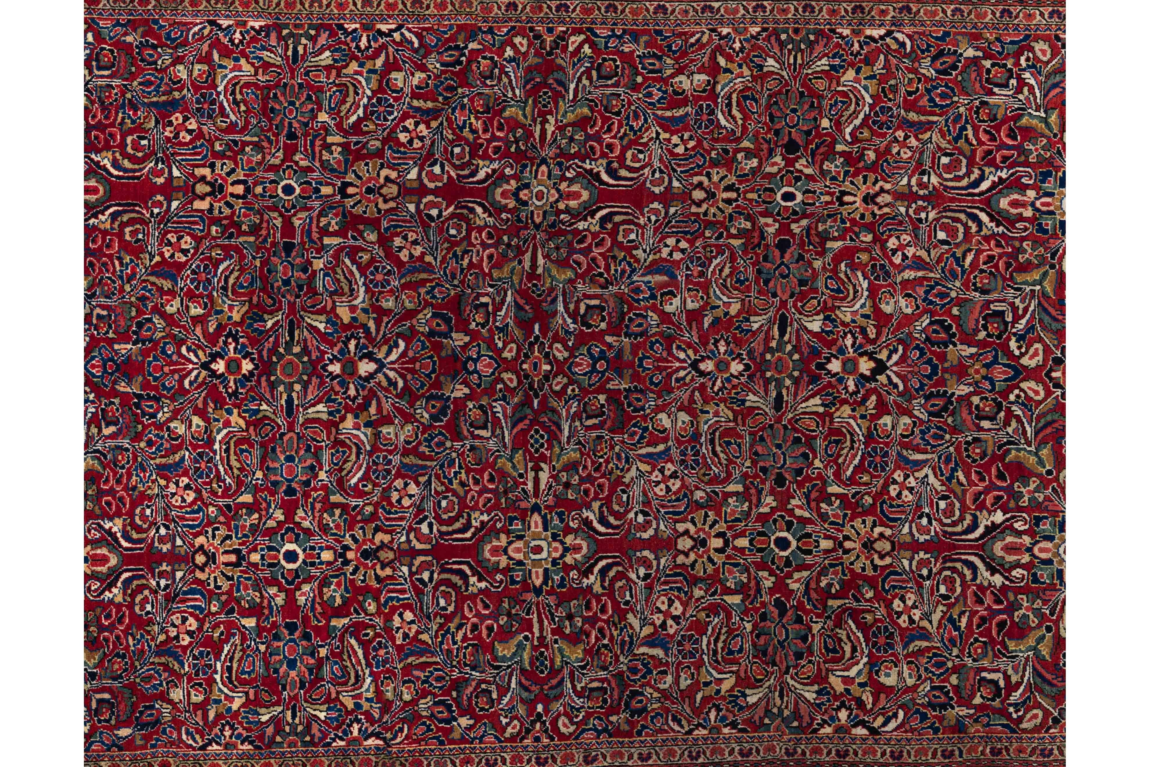 Zeitgenössischer Wollteppich im persischen Stil, 9 ft × 11 ft, rot und marineblau geblümt (Mitte des 20. Jahrhunderts) im Angebot