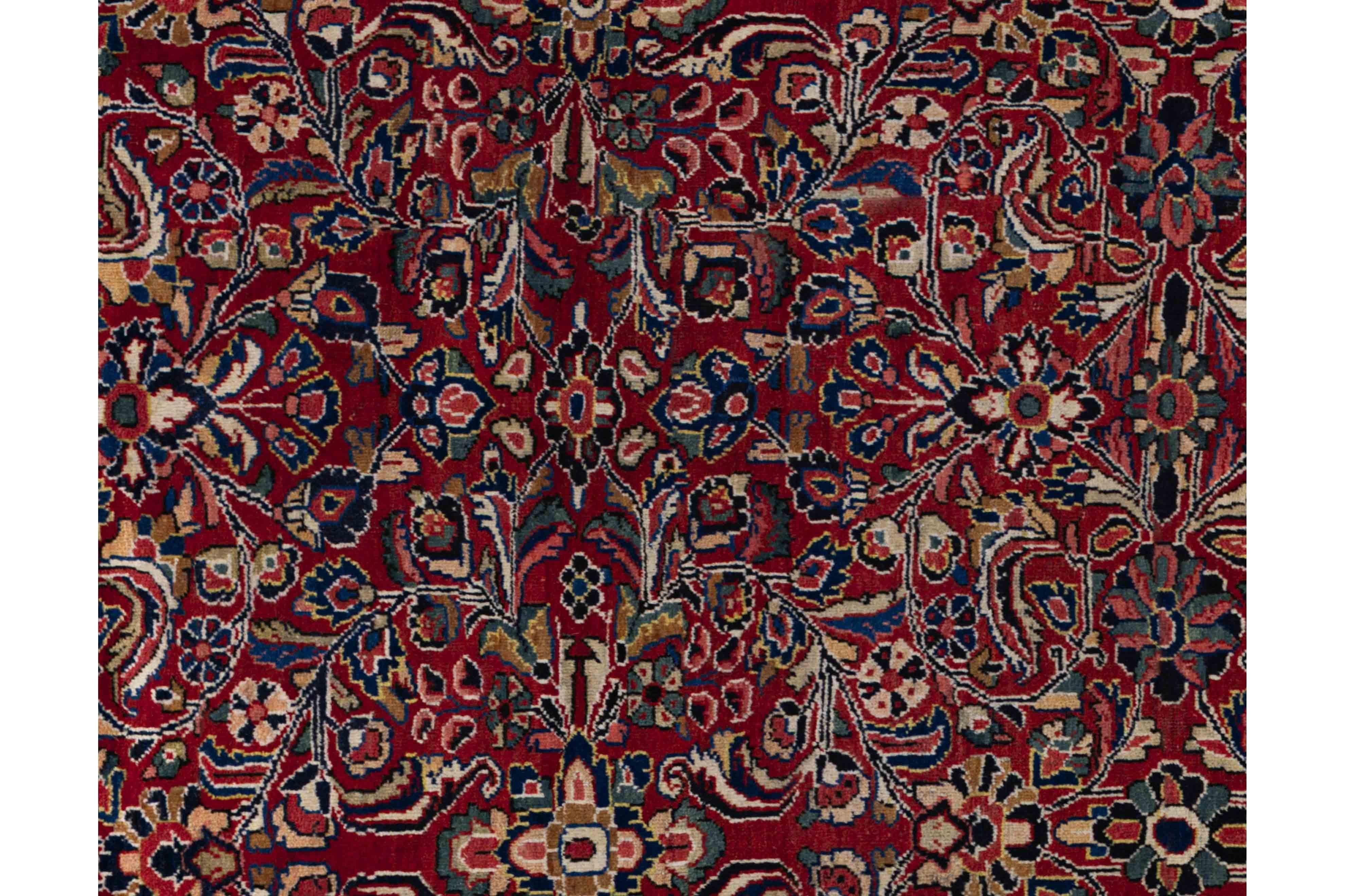 Zeitgenössischer Wollteppich im persischen Stil, 9 ft × 11 ft, rot und marineblau geblümt (Wolle) im Angebot