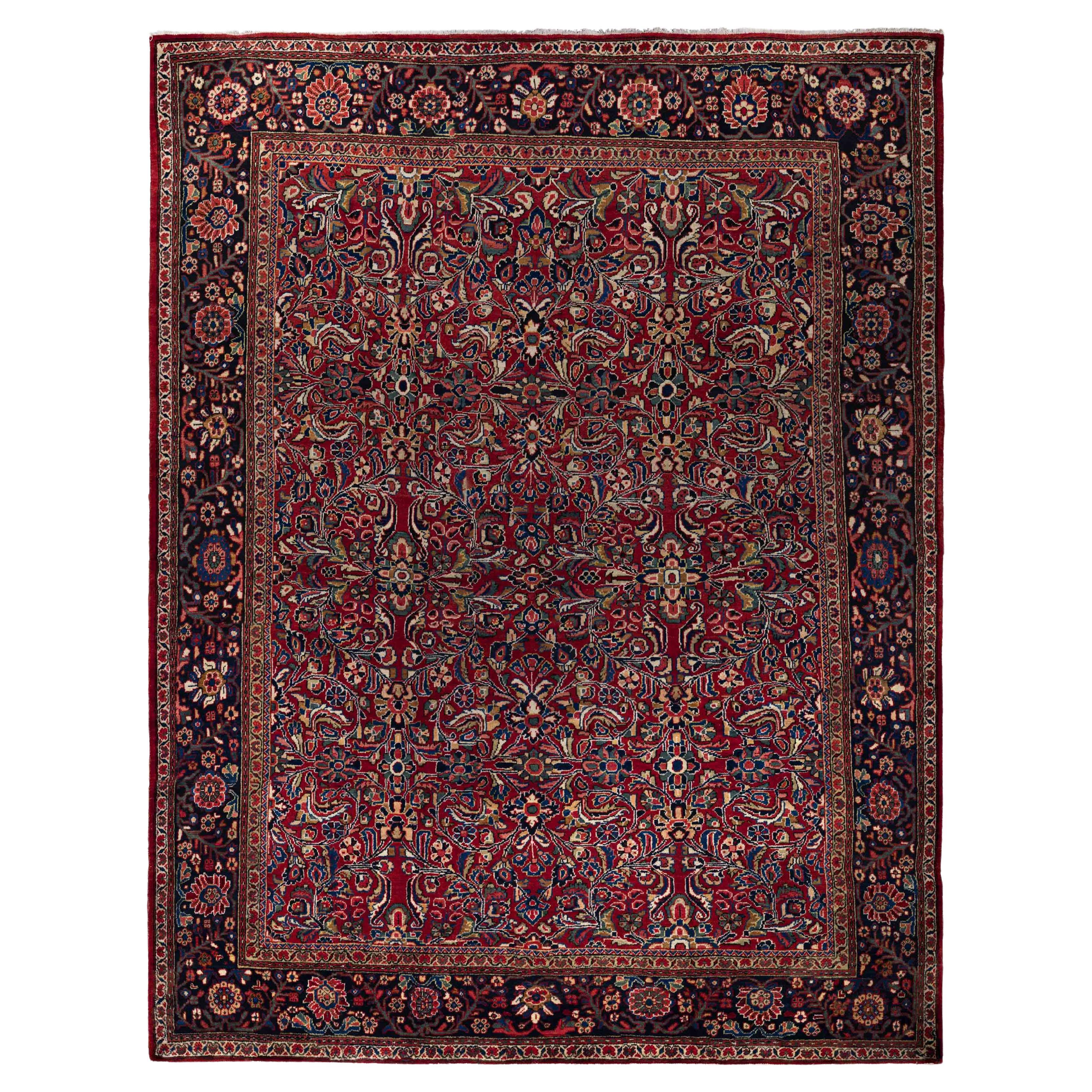 Zeitgenössischer Wollteppich im persischen Stil, 9 ft × 11 ft, rot und marineblau geblümt im Angebot