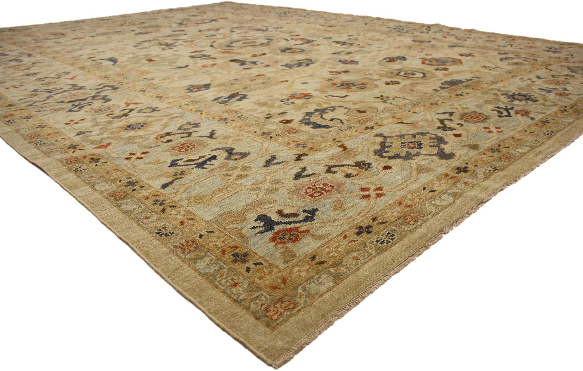 60711 Persischer Sultanabad-Teppich im neoklassischen Stil mit föderaler Farbpalette. Dieser moderne persische Sultanabad-Teppich im Übergangsstil mit harmonischen Farbtönen ist raffiniert und subtil, ohne dabei an Eleganz einzubüßen. Der persische